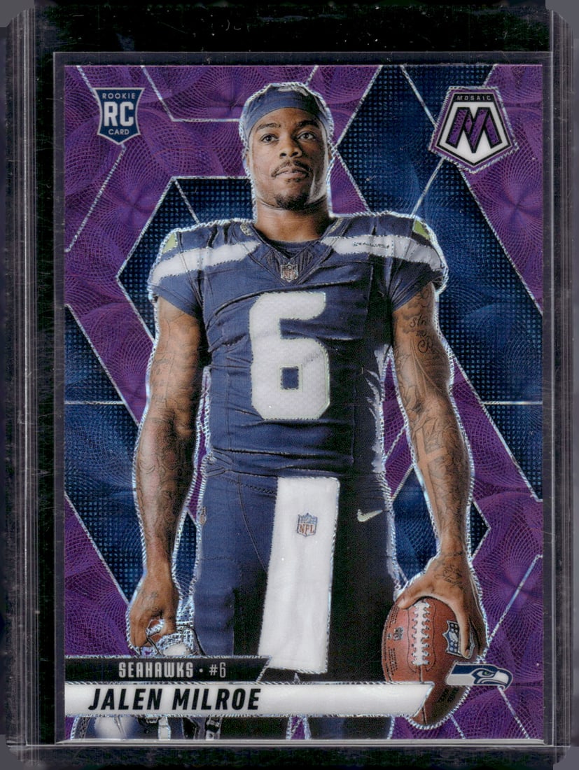 Jalen Milroe Rookie Card Purple Scope Prizm Variation 2025 Mosaic #283 Seahawks: Panini Select, Prizm, Mosaic, Contenders, Zenith, Phoenix, Illusions, Absolute, Rookie NFL Sports Trading Cards, SP, SSP, Cards, Football Cards for Sale Near Me, Superbowl & Hall of Fame Player Cards,