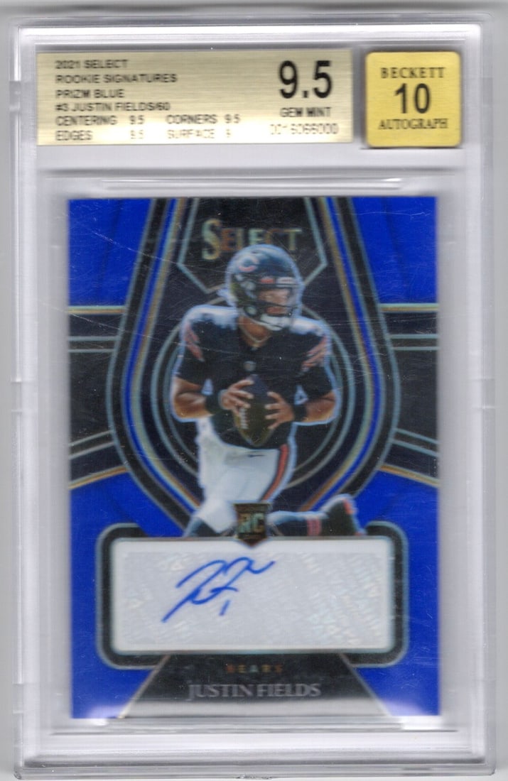 Justin Fields Blue Prizm Rookie Auto /60 2021 Select #3 BGS 9.5 Gem Mint: Panini Select, Prizm, Mosaic, Contenders, Zenith, Phoenix, Illusions, Absolute, Rookie NFL Sports Trading Cards, SP, SSP, Cards, Football Cards for Sale Near Me, Superbowl & Hall of Fame Player Cards,