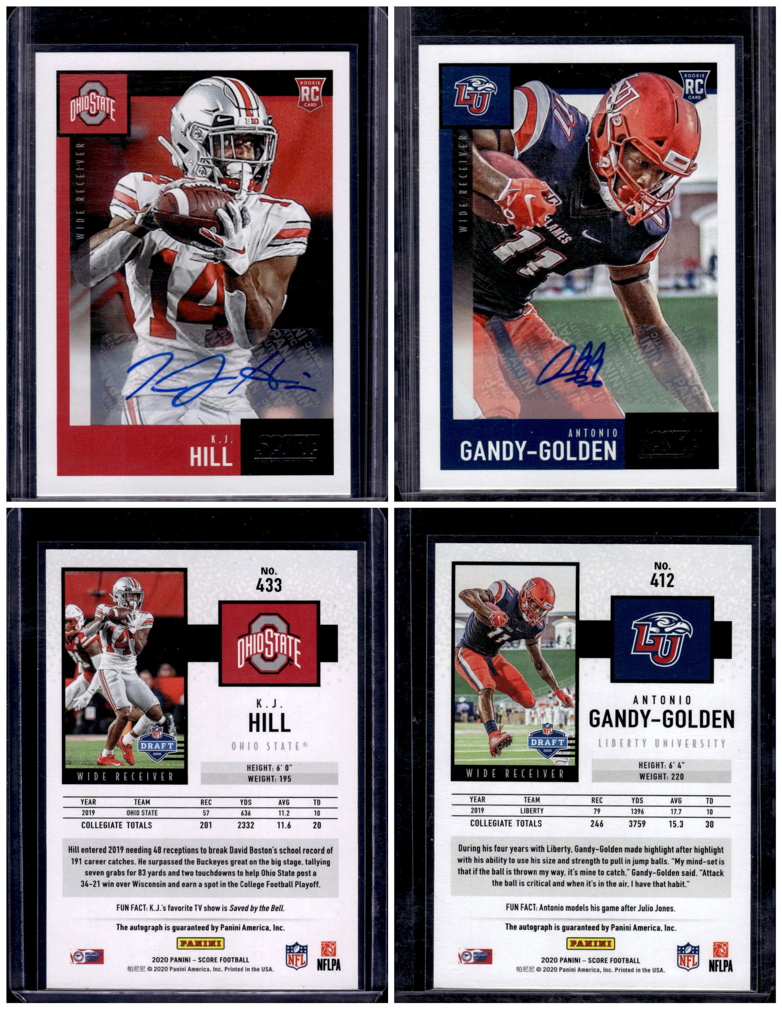 Lot of 2 2020 Panini Score Football Rookie Autos. KJ Hill & Gandy-Golden (1 of 1)