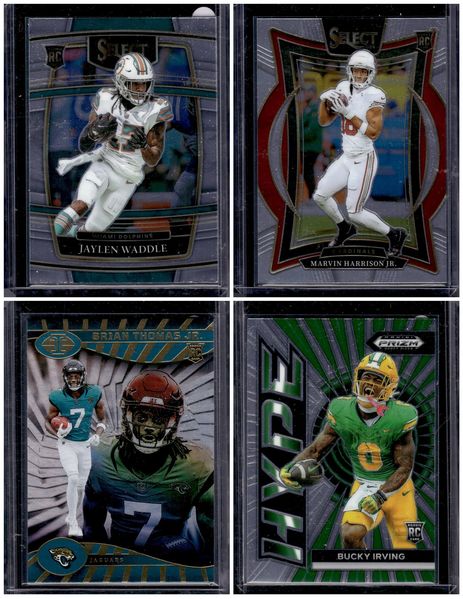 Lot of 4 NFL Rookie Cards. Waddle, Harrison Jr., Thomas Jr., Irving: Panini Select, Prizm, Mosaic, Contenders, Zenith, Phoenix, Illusions, Absolute, Rookie NFL Sports Trading Cards, SP, SSP, Cards, Football Cards for Sale Near Me, Superbowl & Hall of Fame Player Cards,