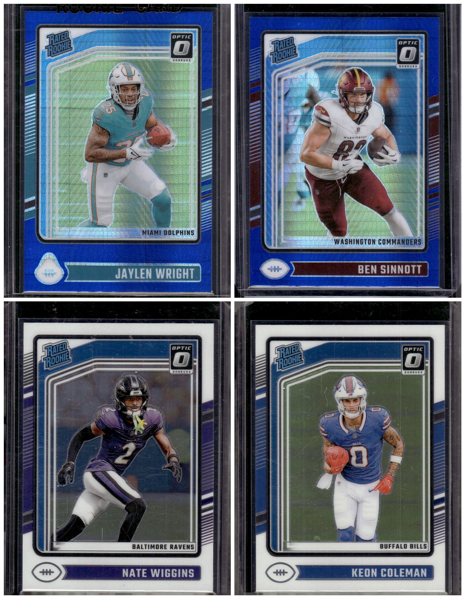 Lot of 4 2024 Donruss Optic NFL RCs. Wright & Sinnott Blue Hypers. Coleman, Wiggins Base (1 of 2)