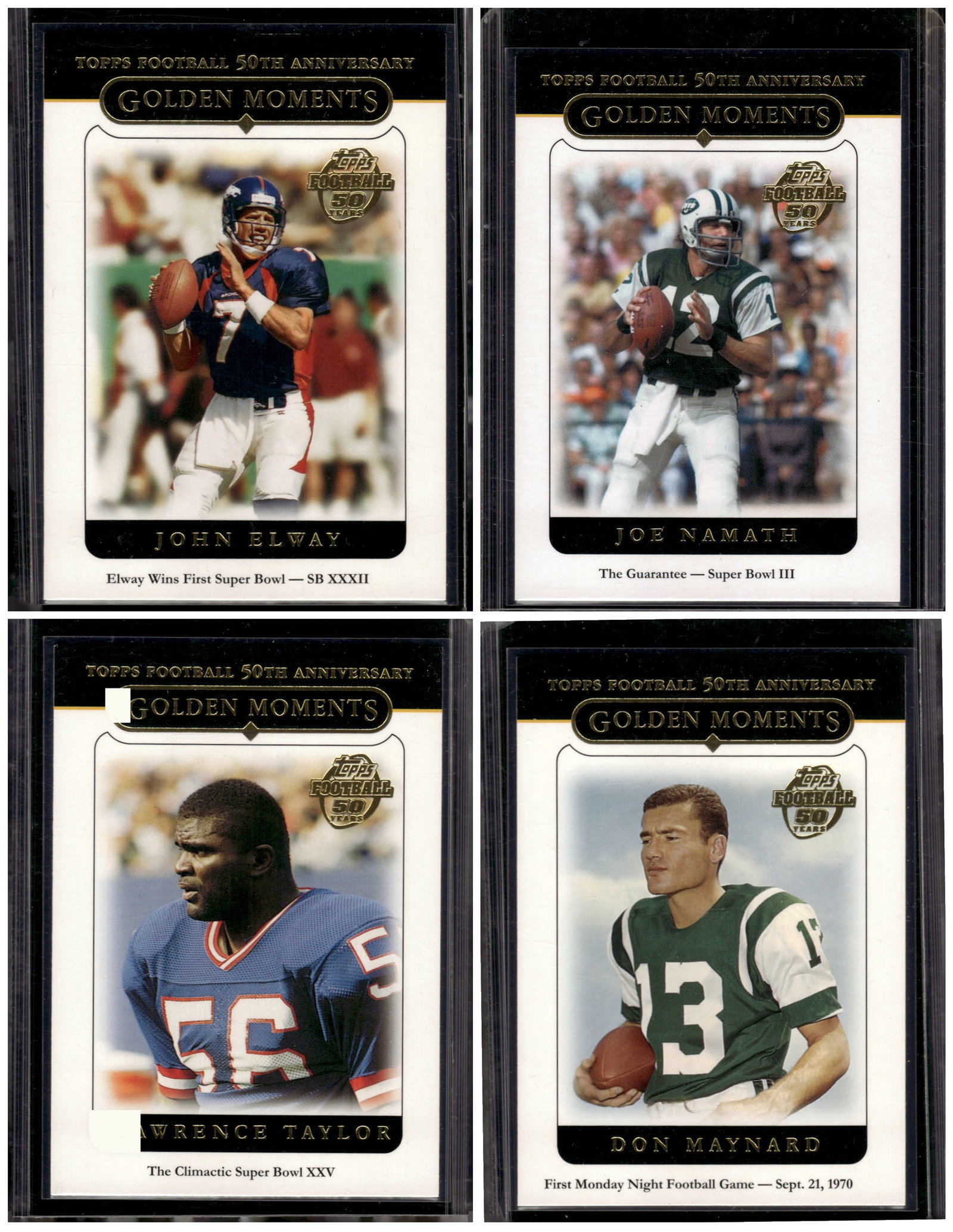Lot of 4 2005 Golden Moments Football Cards. Elway, Namath, Taylor, Maynard: Panini Select, Prizm, Mosaic, Contenders, Zenith, Phoenix, Illusions, Absolute, Rookie NFL Sports Trading Cards, SP, SSP, Cards, Football Cards for Sale Near Me, Superbowl & Hall of Fame Player Cards,