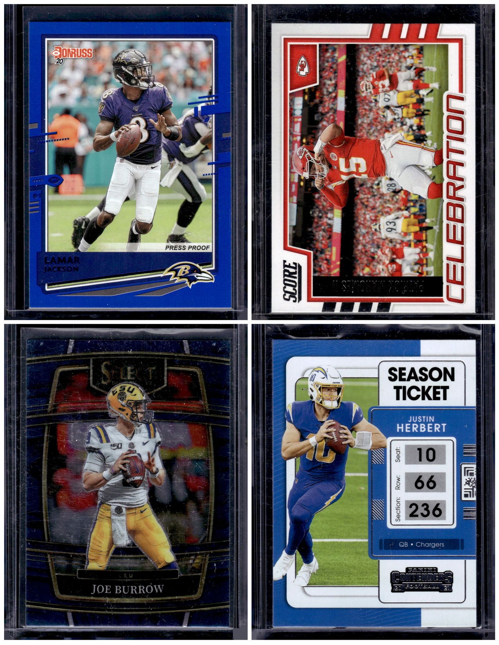 Lot of 4 NFL QB Cards. Lamar Jackson, Patrick Mahomes, Joe Burrow, Justin Herbert (1 of 2)