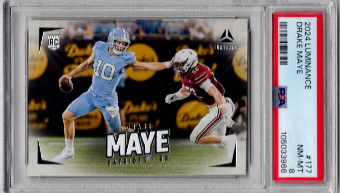 Drake Maye Rookie Card 2024 Panini Luminance #177 PSA 8 UNC Tarheels, Patriots: Panini Select, Prizm, Mosaic, Contenders, Zenith, Phoenix, Illusions, Absolute, Rookie NFL Sports Trading Cards, SP, SSP, Cards, Football Cards for Sale Near Me, Superbowl & Hall of Fame Player Cards,