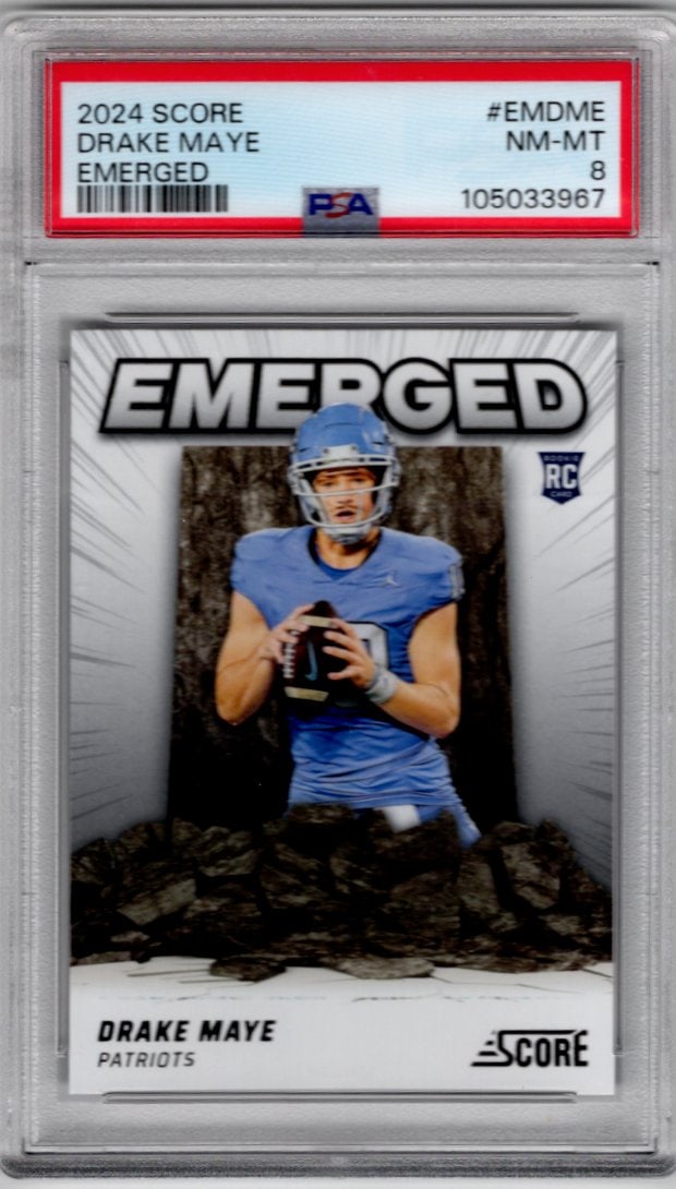 Drake Maye Rookie Card Emerged 2024 Score #EM-DME PSA 8 Patriots: Panini Select, Prizm, Mosaic, Contenders, Zenith, Phoenix, Illusions, Absolute, Rookie NFL Sports Trading Cards, SP, SSP, Cards, Football Cards for Sale Near Me, Superbowl & Hall of Fame Player Cards,