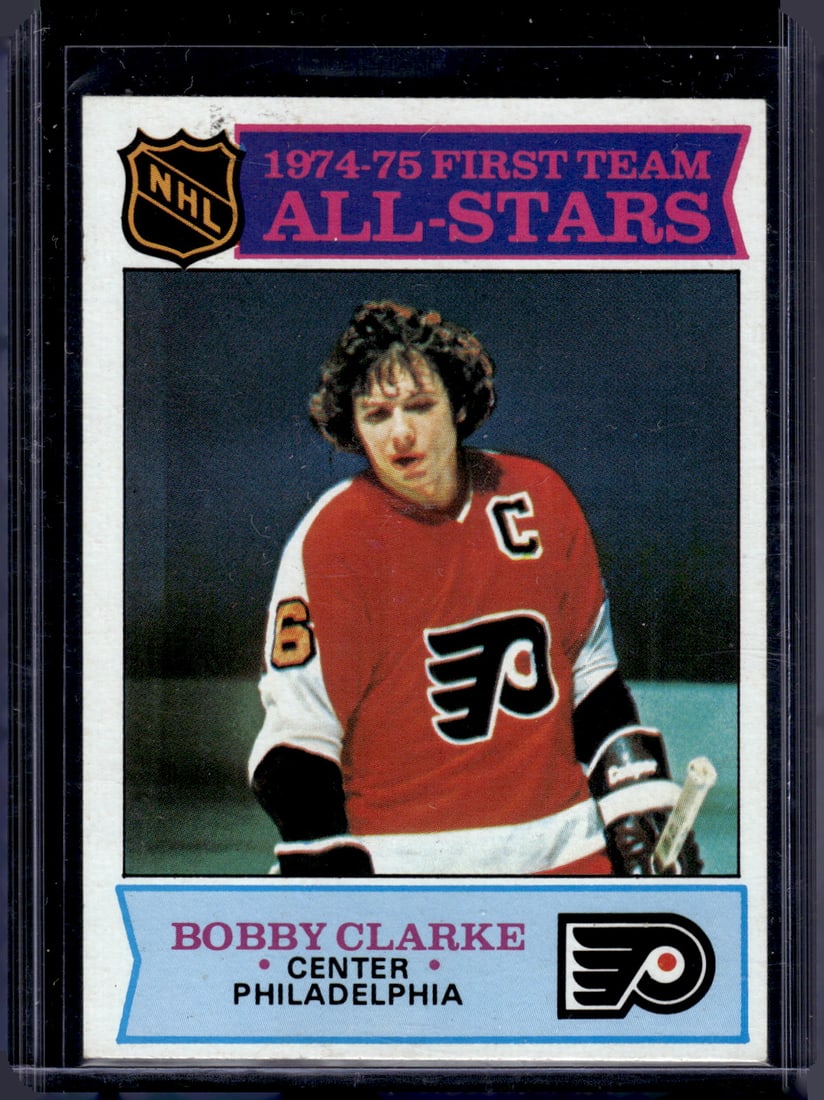Bobby Clarke 1975-76 Topps #286 Flyers: Topps Vintage NHL Hockey Trading & Sports Cards, Old Sports Cards for Sale Near Me, Stanley Cup & Hall of Fame Players, Valuable Auction Memorabilia Lots for Sale On Line