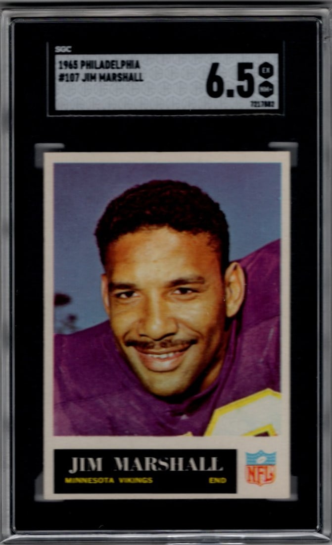 Jim Marshall 1965 Philadelphia #107 SGC 6.5 Vikings Vintage Football Card: Topps Football NFL Trading Sports Cards, Sports Cards for Sale Near Me, Super Bowl & Hall of Fame Player Cards, Resurgence, Composite, SP, SSP, Valuable Auction Memorabilia Lots For Sale On Line