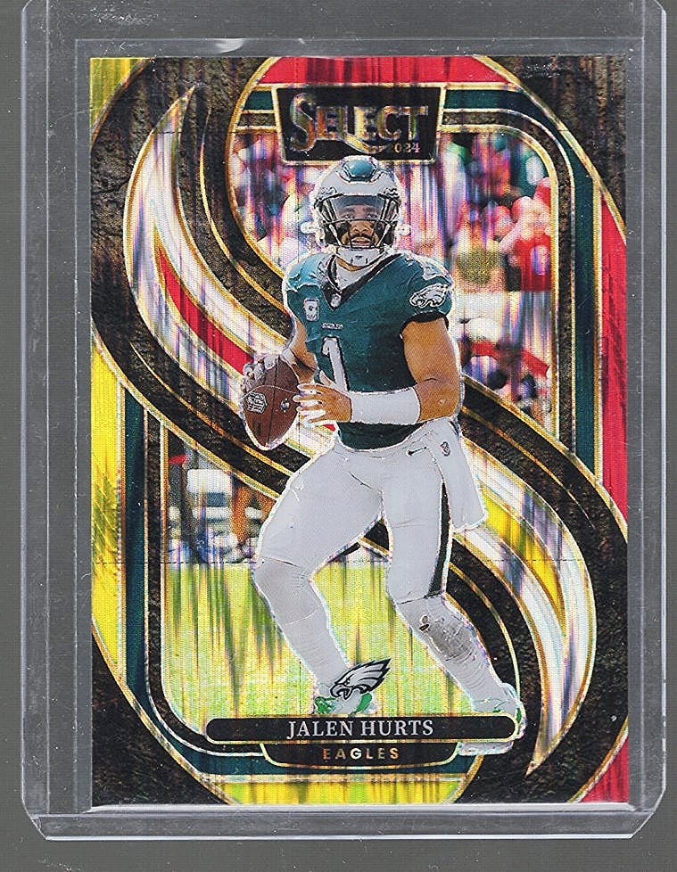 Jalen Hurts Red & Yellow Shock Prizm Premier Level 2024 Panini Select #165: Panini Select, Prizm, Mosaic, Contenders, Zenith, Phoenix, Illusions, Absolute, Rookie NFL Sports Trading Cards, SP, SSP, Cards, Football Cards for Sale Near Me, Superbowl & Hall of Fame Player Cards,