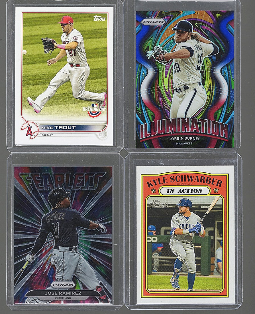 2 Topps & 2 Panini MLB Trading Cards: Mike Trout & Kyle Schwarber/Corbin Burnes Silver Prizm & (1 of 2)