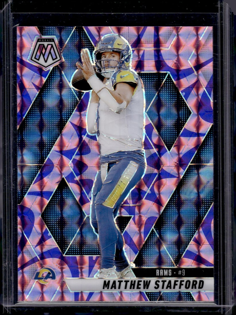 Matthew Stafford Purple Reactive Prizm 2025 Mosaic #96 Los Angeles Rams: Panini Select, Prizm, Mosaic, Contenders, Zenith, Phoenix, Illusions, Absolute, Rookie NFL Sports Trading Cards, SP, SSP, Cards, Football Cards for Sale Near Me, Superbowl & Hall of Fame Player Cards,