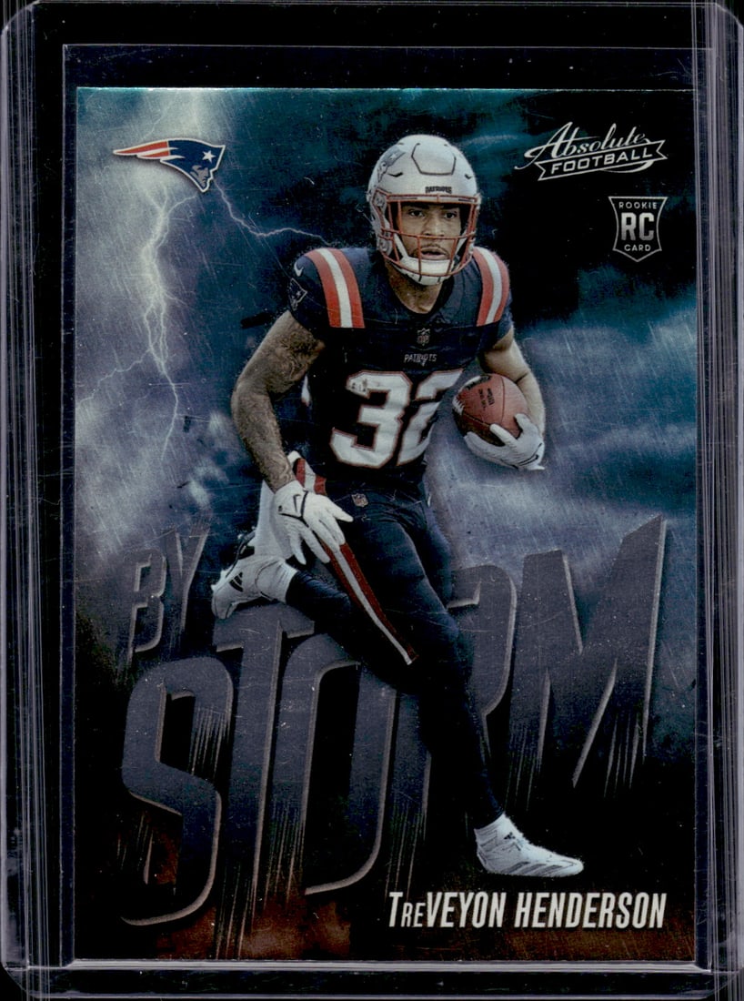 TreVeyon Henderson Rookie Card By Storm 2025 Absolute #19 New England Patriots: Panini Select, Prizm, Mosaic, Contenders, Zenith, Phoenix, Illusions, Absolute, Rookie NFL Sports Trading Cards, SP, SSP, Cards, Football Cards for Sale Near Me, Superbowl & Hall of Fame Player Cards,
