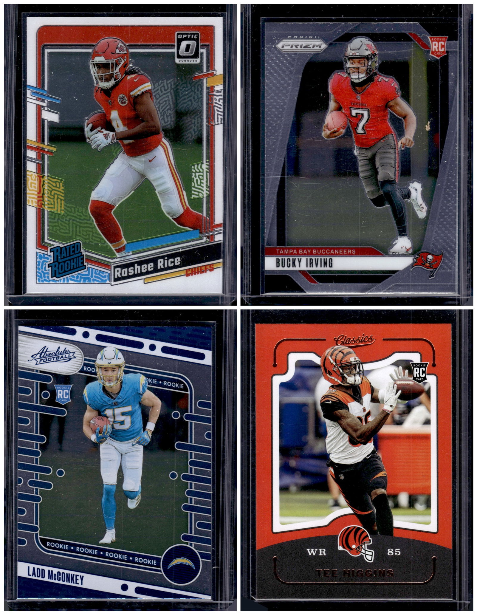 Lot of 4 NFL Rookie Cards. Rashee Rice, Bucky Irving, Ladd McConkey, Tee Higgins (1 of 2)