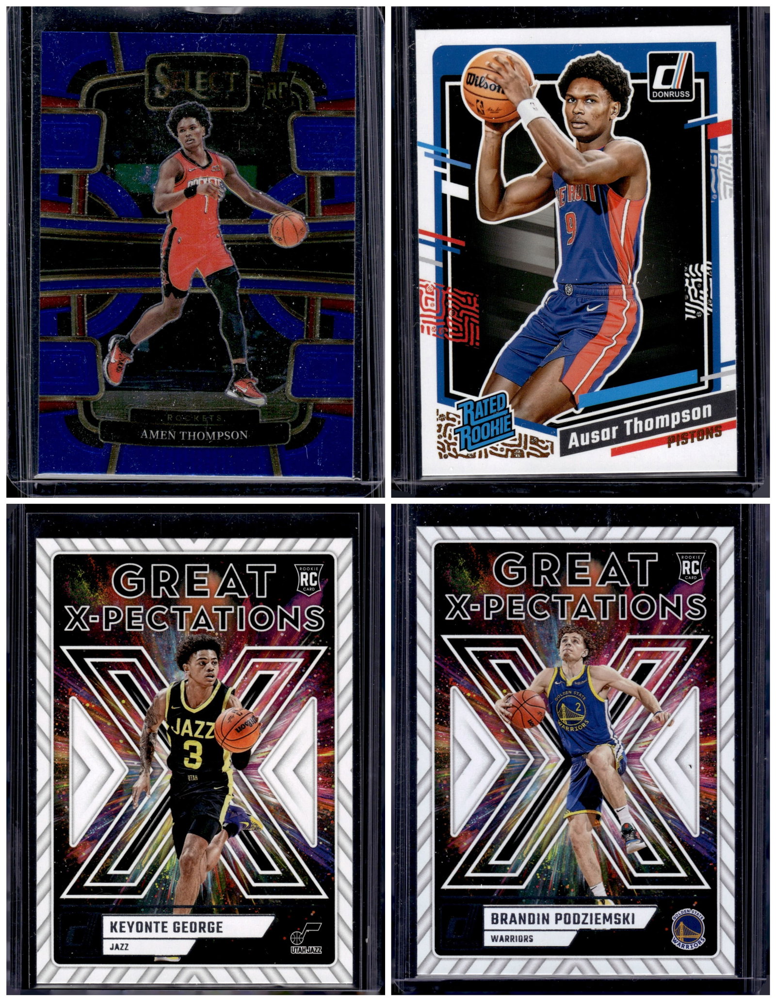 Lot of 4 2023-24 NBA Rookie Cards. Thompson Twins, George, Podziemski: Panini Select, Prizm, Mosaic, Contenders, Revolution, Phoenix, NBA Hoops, Rookie NFL Sports Trading Cards, Silver, SP, SSP, Wave Prizms, Numbered Cards, Basketball sports Cards for Sale Near Me, NBA C