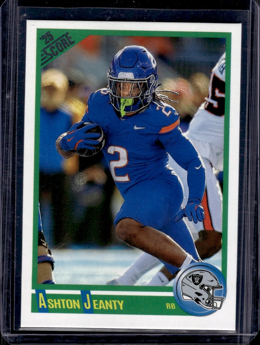 Ashton Jeanty Rookie Card Throwback 2025 Score #1 Boise State, Raiders: Panini Select, Prizm, Mosaic, Contenders, Zenith, Phoenix, Illusions, Absolute, Rookie NFL Sports Trading Cards, SP, SSP, Cards, Football Cards for Sale Near Me, Superbowl & Hall of Fame Player Cards,