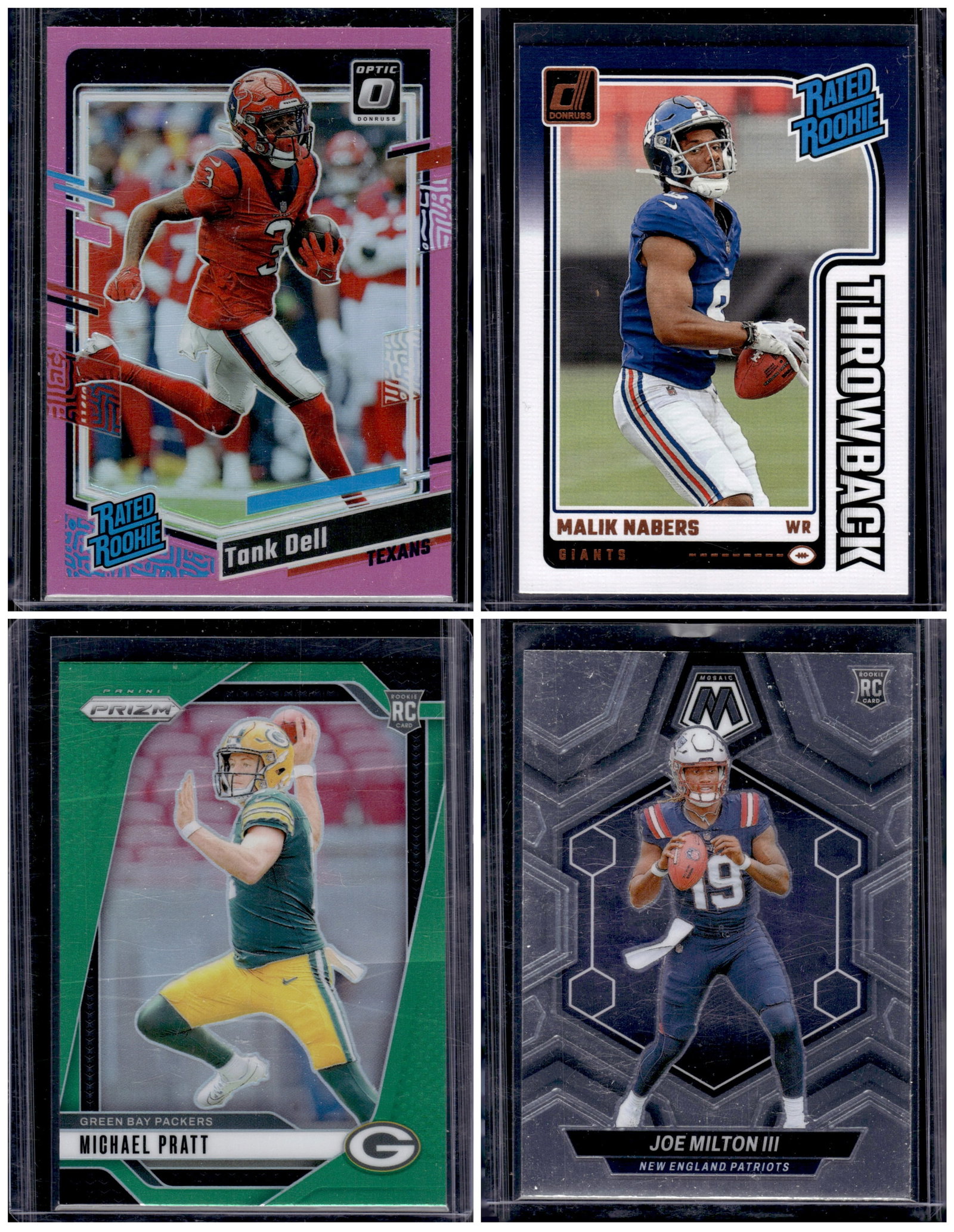 Lot of 4 NFL Rookie Cards. Tank Dell Pink Prizm, Nabers, Pratt Green Prizm, Milton (1 of 2)
