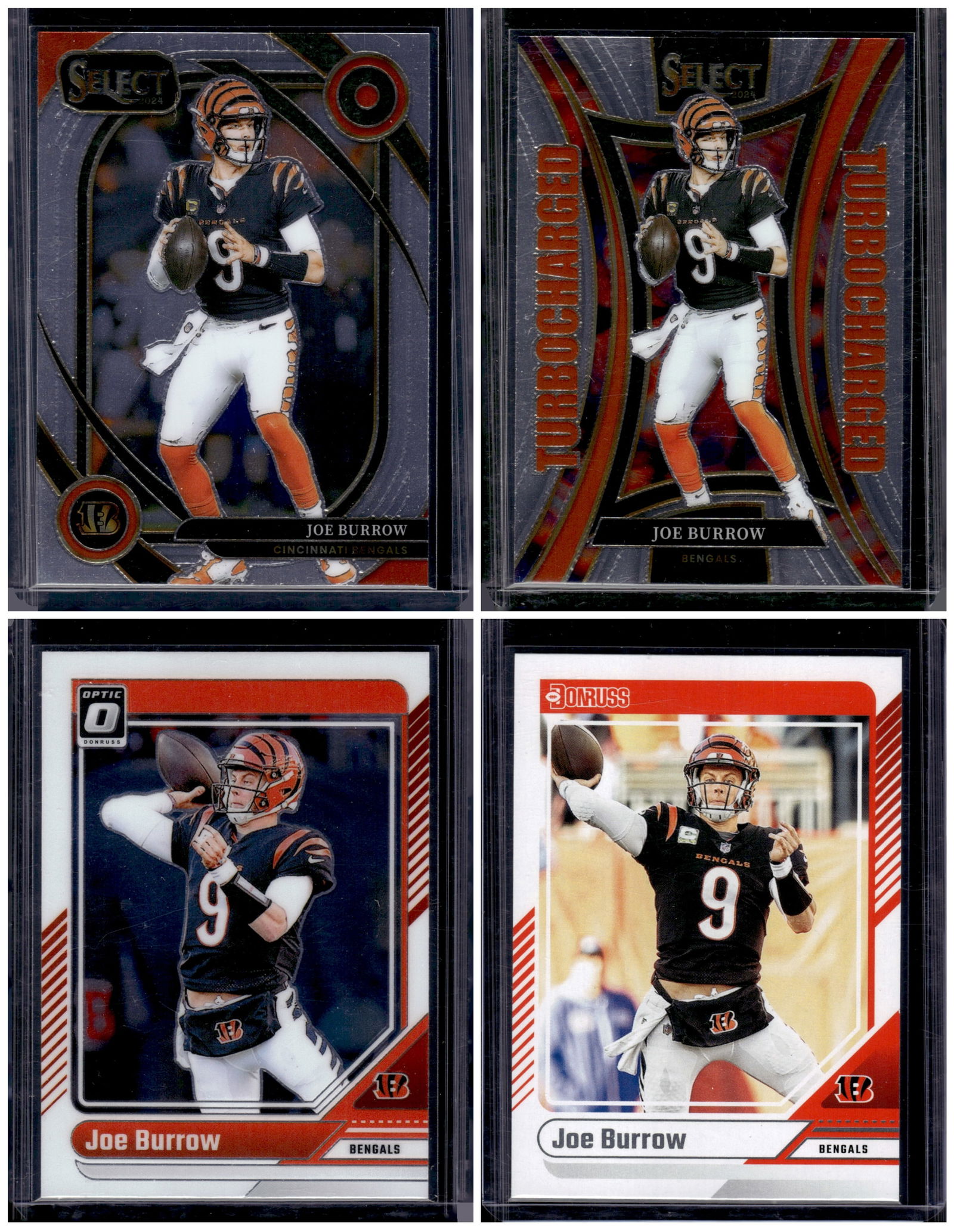 Lot of 4 Joe Burrow 2024 Panini Football Cards. All Different, See Pictures: Panini Select, Prizm, Mosaic, Contenders, Zenith, Phoenix, Illusions, Absolute, Rookie NFL Sports Trading Cards, SP, SSP, Cards, Football Cards for Sale Near Me, Superbowl & Hall of Fame Player Cards,