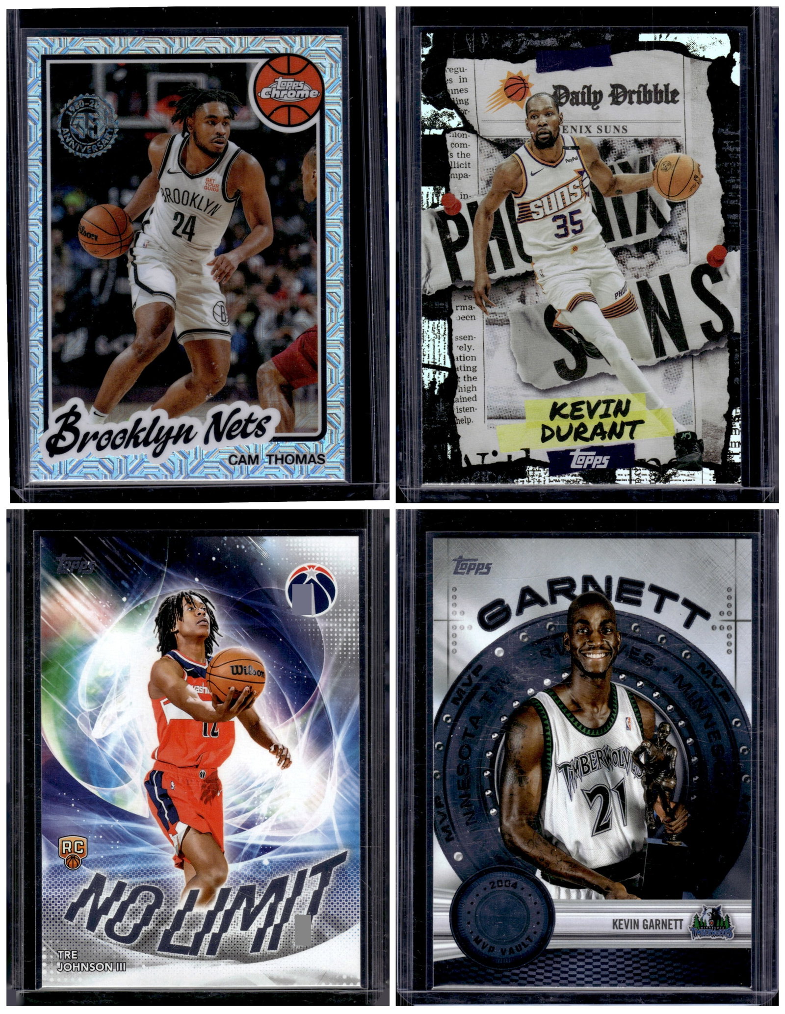 Lot of 4 2025-26 Topps NBA Inserts, Parallels, Rookies. Thomas, Durant, Johnson RC, Garnett (1 of 2)
