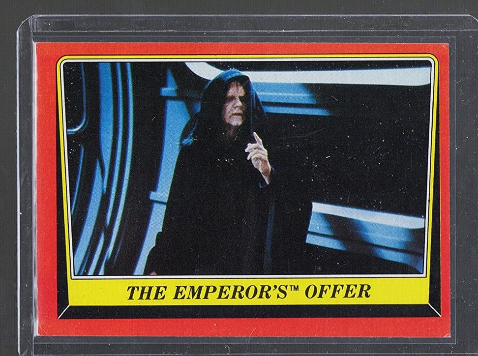 The Emperor's Offer 1983 Star Wars Return of the Jedi #118: Luke Skywalker, Han Solo, Darth Vader, George Lucas, A New Hope, Millenium Falcon, Death Star, Princess Leia, Obi Wan Kenobi, R2-D2, Chewbacca. New In Box/Carded NIB Star Wars Vintage Figures. Collect