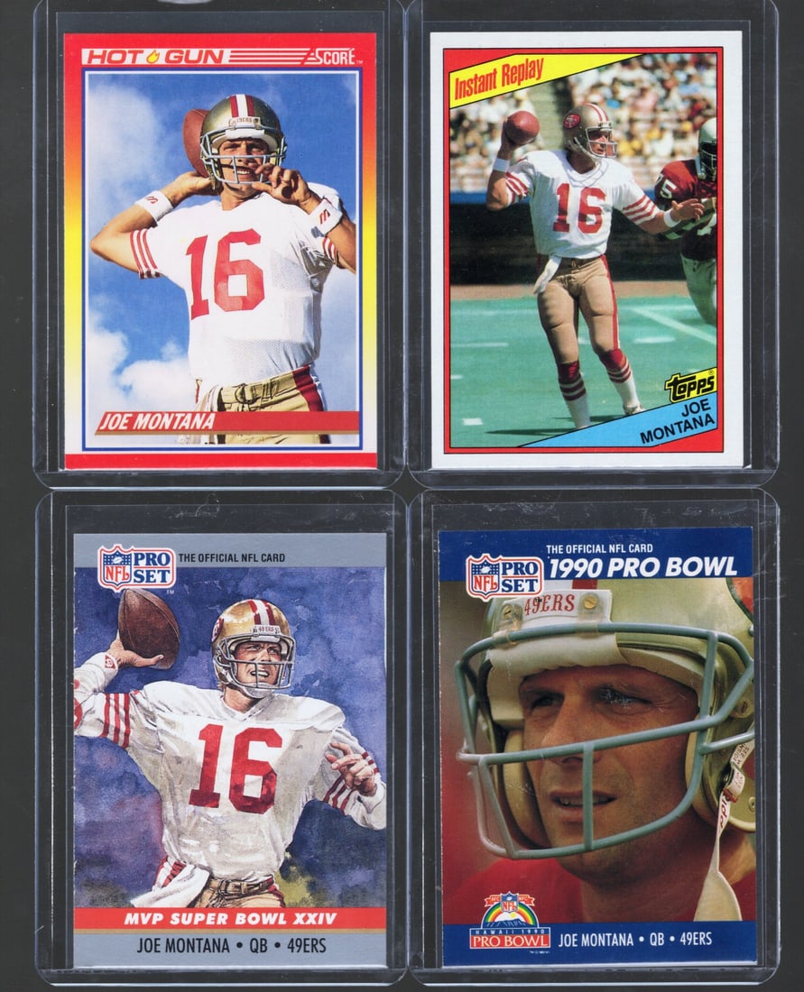 4 - 1980's & 1990's Topps, Score, Pro Set NFL Trading Cards, Stars & Hall of Famers: Joe Montana: Topps Football NFL Trading Sports Cards, Sports Cards for Sale Near Me, Super Bowl & Hall of Fame Player Cards, Resurgence, Composite, SP, SSP, Valuable Auction Memorabilia Lots For Sale On Line