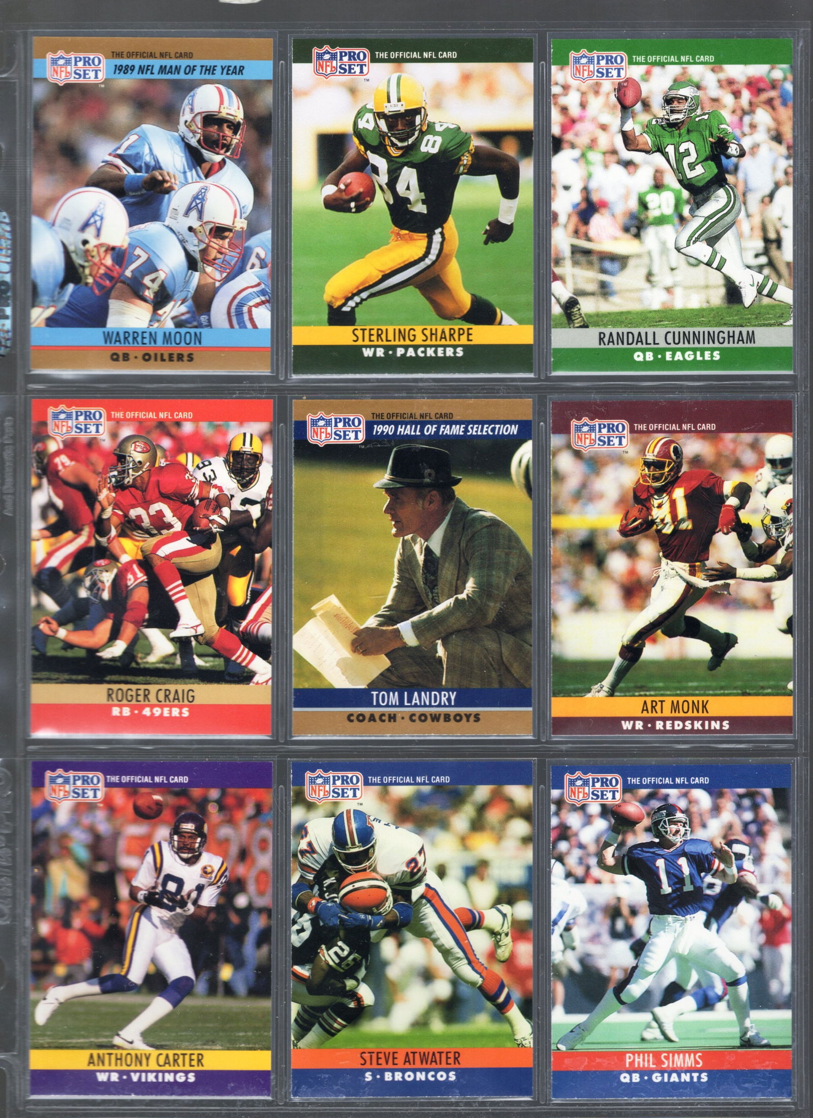 9 - 1990 Pro Set NFL Trading Cards: Stars & Hall of Famers: Moon, Sharpe, Landry, Simms, Craig,: Pro Set Vintage Football NFL Trading Cards, Old Sports Cards for Sale Near Me, Hall of Fame & Super Bowl Player Cards, Auction Memorabilia Lots for Sale on Line