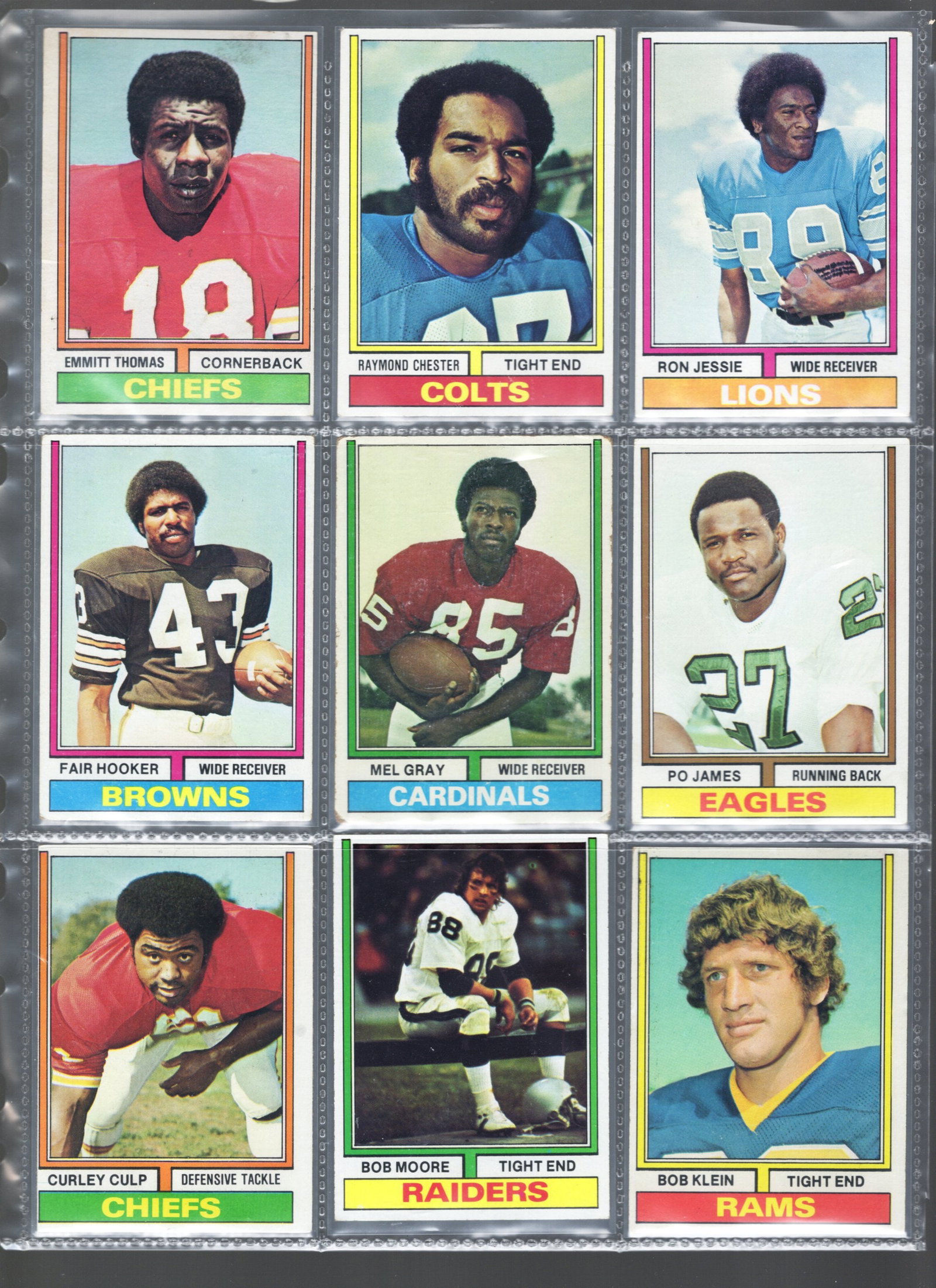 9 - 1974 Topps NFL Trading Cards, Stars: Thomas, Gray, Chester, Culp, Jessie, James: Topps Football NFL Trading Sports Cards, Sports Cards for Sale Near Me, Super Bowl & Hall of Fame Player Cards, Resurgence, Composite, SP, SSP, Valuable Auction Memorabilia Lots For Sale On Line