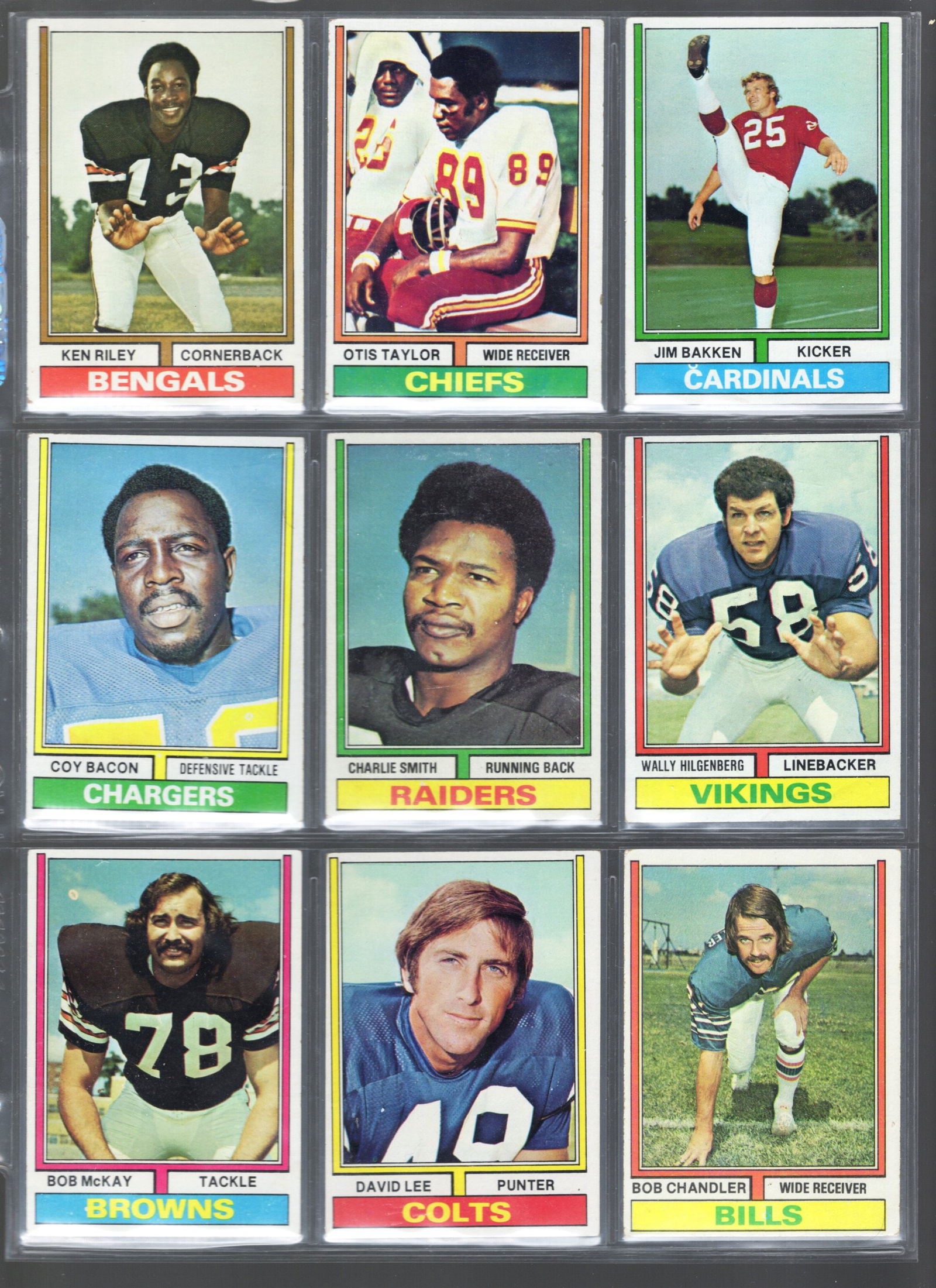 9 - 1974 Topps NFL Trading Cards, Stars: Riley, Taylor, Bakken, Bacon, Smith, Lee, Chandler: Topps Football NFL Trading Sports Cards, Sports Cards for Sale Near Me, Super Bowl & Hall of Fame Player Cards, Resurgence, Composite, SP, SSP, Valuable Auction Memorabilia Lots For Sale On Line