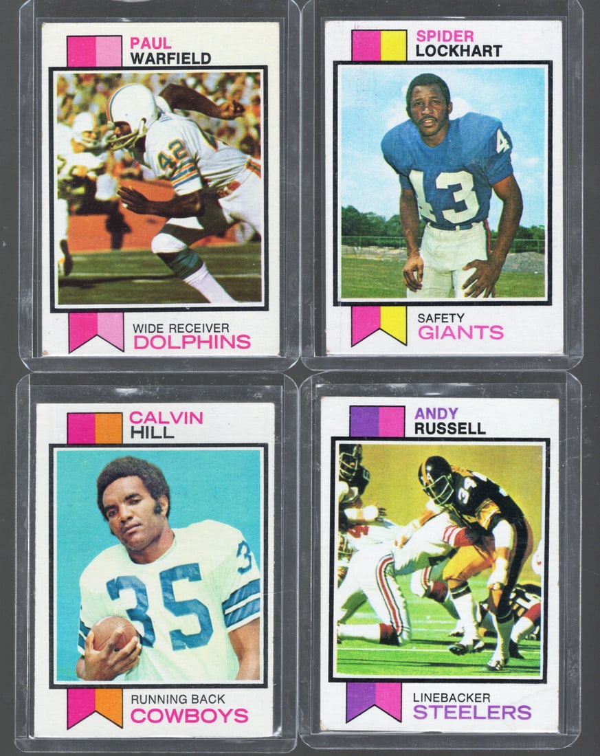 4 - 1973 Topps NFL Trading Cards, Stars & Hall of Famers: Warfield, Lockhart, Hill, Russell: Topps Football NFL Trading Sports Cards, Sports Cards for Sale Near Me, Super Bowl & Hall of Fame Player Cards, Resurgence, Composite, SP, SSP, Valuable Auction Memorabilia Lots For Sale On Line