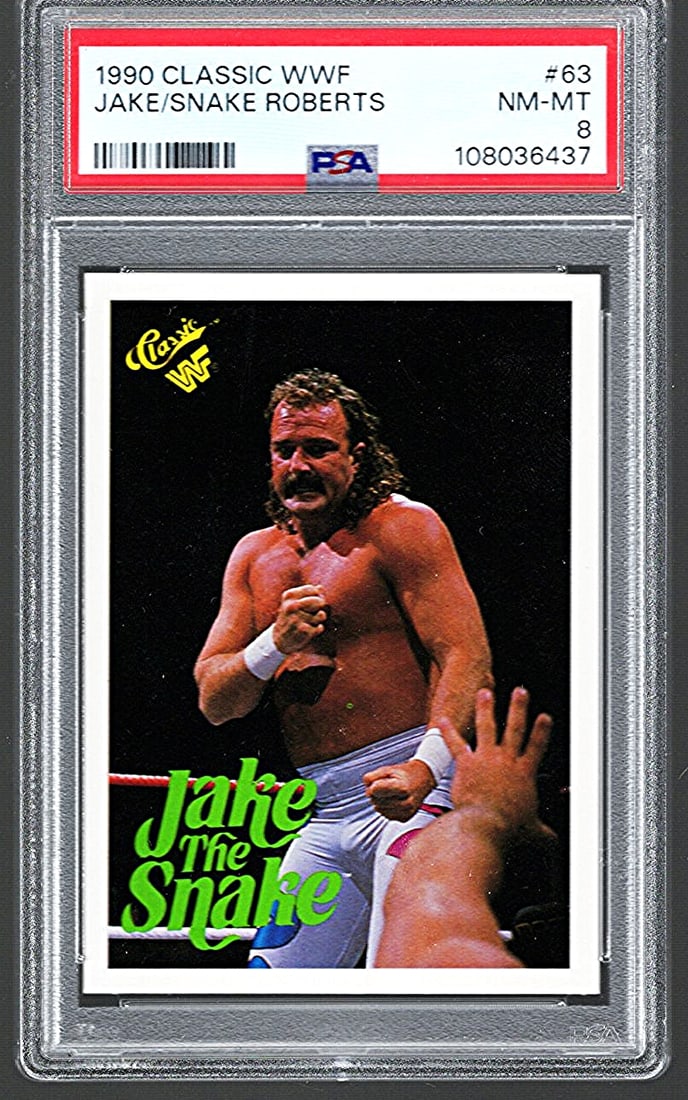 1990 Classic WWF Wrestling Trading Card, Jake the Snake Roberts #63, PSA Grade 8: Classic Vintage Wrestling WWF Trading & Sports Cards, Old Sports Cards for Sale Near Me, Auction Memorabilia Lots for Sale On Line, Wrestlemania Champion Wrestlers