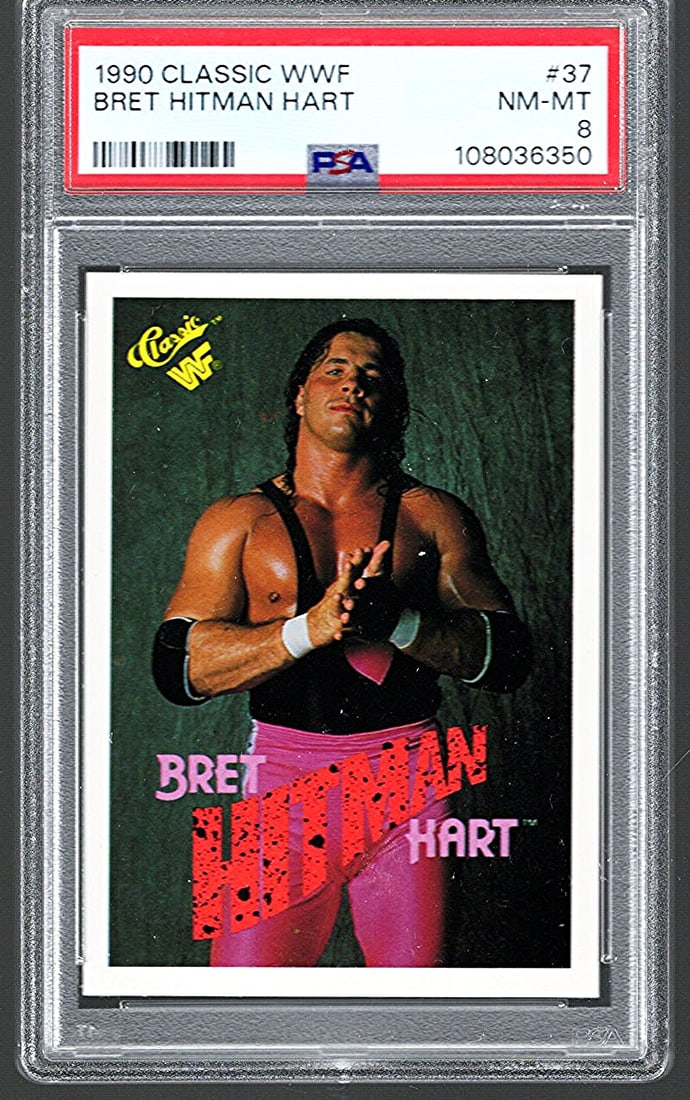 1990 Classic WWF Wrestling Trading Card, Bret "The Hitman" Hart #37 PSA Grade 8: Classic Vintage Wrestling WWF Trading & Sports Cards, Old Sports Cards for Sale Near Me, Auction Memorabilia Lots for Sale On Line, Wrestlemania Champion Wrestlers