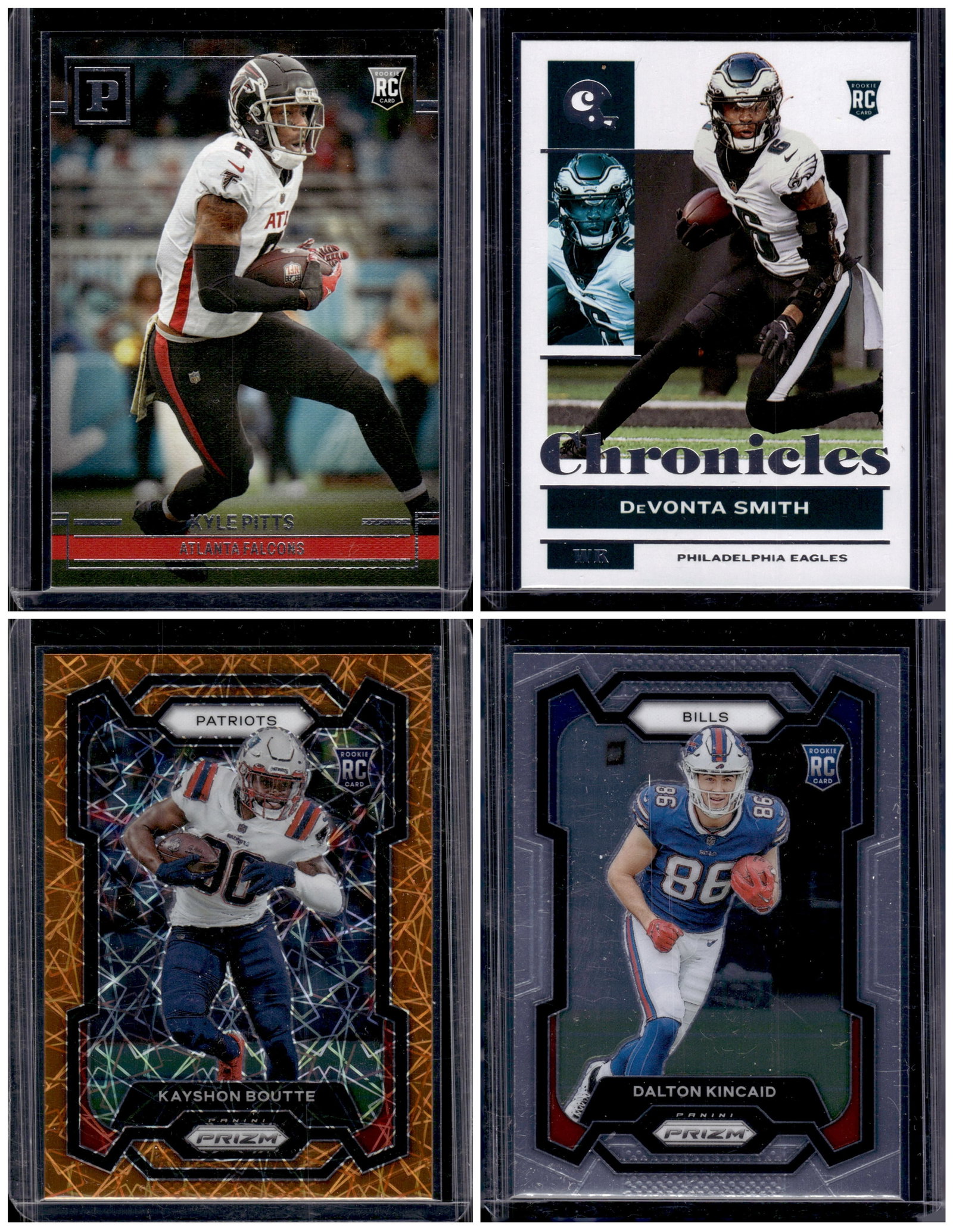 Lot of 4 NFL Rookie Cards. Pitts, Smith, Boutte Orange Lazer, Kincaid: Panini Select, Prizm, Mosaic, Contenders, Zenith, Phoenix, Illusions, Absolute, Rookie NFL Sports Trading Cards, SP, SSP, Cards, Football Cards for Sale Near Me, Superbowl & Hall of Fame Player Cards,