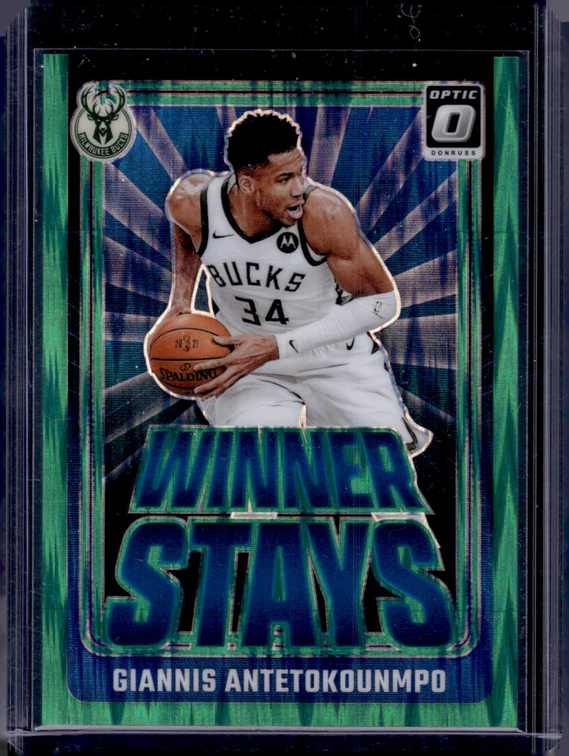 Giannis Antetokounmpo Winner Stays Green Shock Prizm /149 2024-25 Optic #4 Bucks (1 of 2)