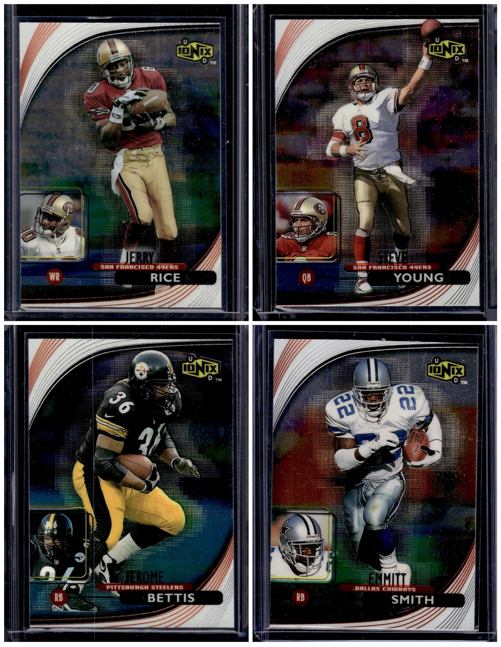 Lot of 4 1999 Upper Deck Ionix Football Cards. Jerry Rice, Steve Young, Bettis, Emmitt Smith (1 of 2)