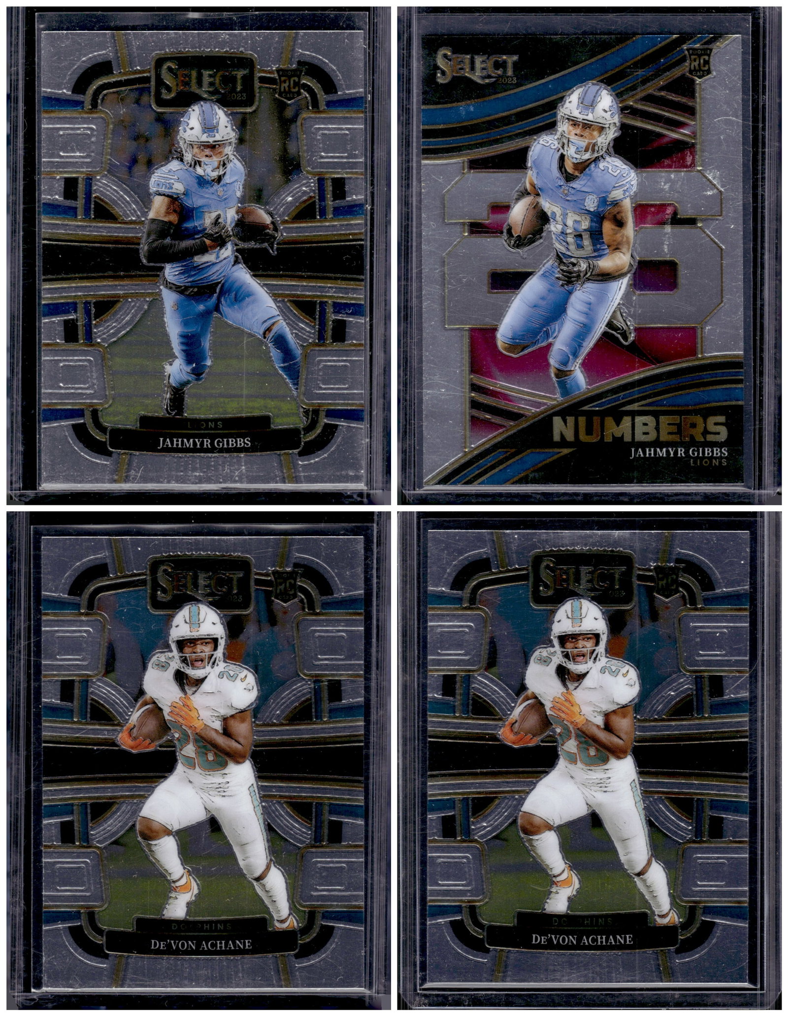 Lot of 4 2023 Select NFL Rookie Cards. 2 Jahmyr Gibbs & 2 De'Von Achane: Panini Select, Prizm, Mosaic, Contenders, Zenith, Phoenix, Illusions, Absolute, Rookie NFL Sports Trading Cards, SP, SSP, Cards, Football Cards for Sale Near Me, Superbowl & Hall of Fame Player Cards,