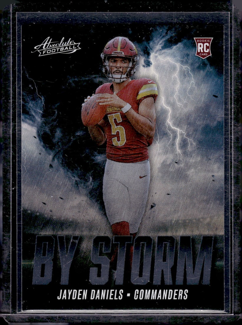 Jayden Daniels Rookie Card By Storm 2024 Absolute #BS-JDS Washington Commanders: Panini Select, Prizm, Mosaic, Contenders, Zenith, Phoenix, Illusions, Absolute, Rookie NFL Sports Trading Cards, SP, SSP, Cards, Football Cards for Sale Near Me, Superbowl & Hall of Fame Player Cards,
