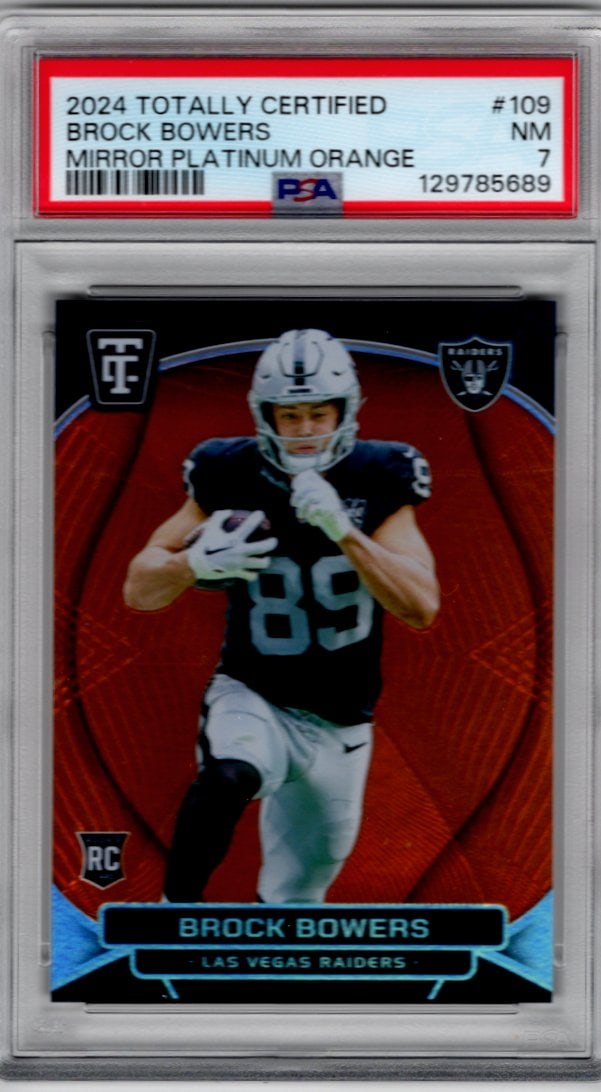 Brock Bowers Rookie Card Platinum Orange /99 2024 Totally Certified #109 PSA 7 Raiders: Panini Select, Prizm, Mosaic, Contenders, Zenith, Phoenix, Illusions, Absolute, Rookie NFL Sports Trading Cards, SP, SSP, Cards, Football Cards for Sale Near Me, Superbowl & Hall of Fame Player Cards,