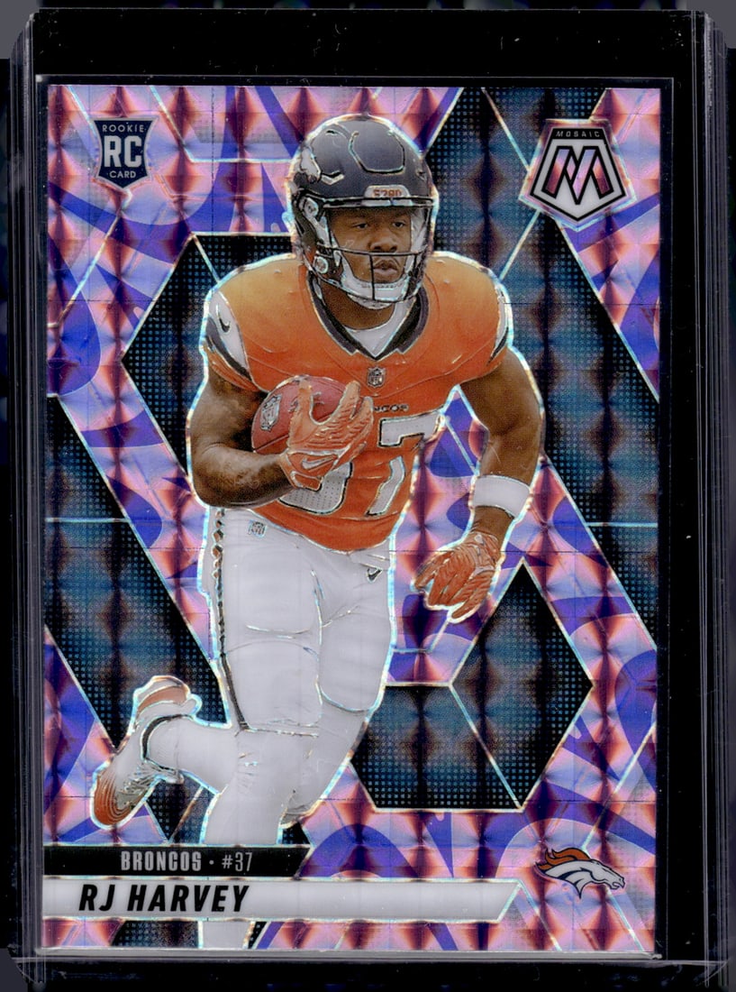 Rj Harvey Rookie Card Purple Reactive Prizm 2025 Mosaic #375 Denver Broncos: Panini Select, Prizm, Mosaic, Contenders, Zenith, Phoenix, Illusions, Absolute, Rookie NFL Sports Trading Cards, SP, SSP, Cards, Football Cards for Sale Near Me, Superbowl & Hall of Fame Player Cards,