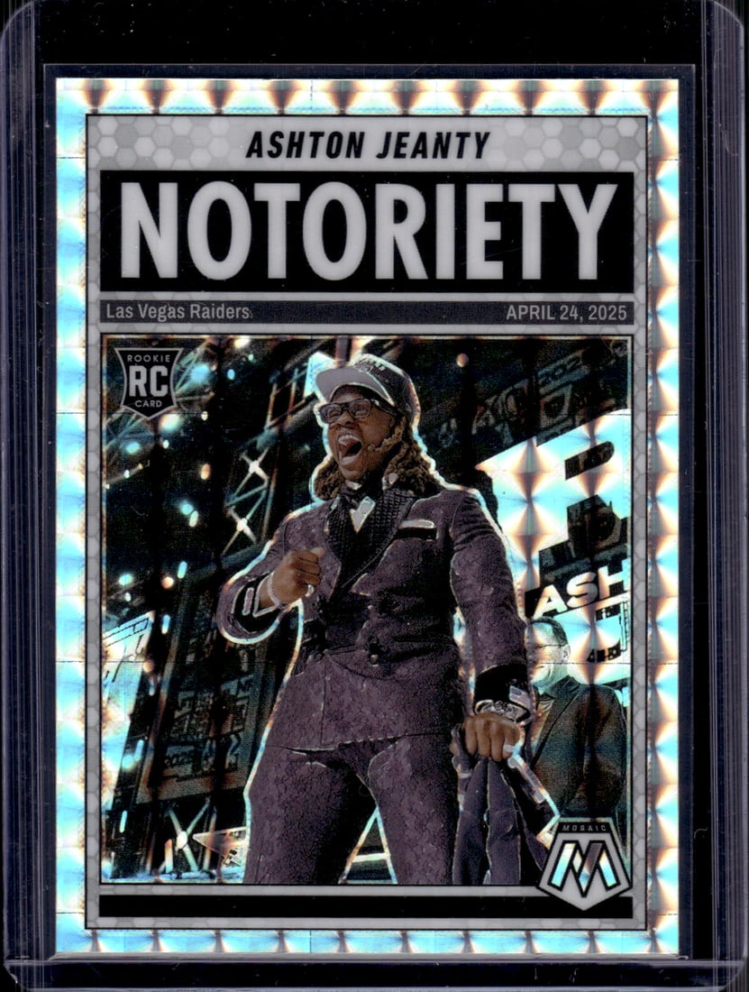 Ashton Jeanty Rookie Card Notoriety Silver Mosaic Prizm 2025 Mosaic #18 Raiders: Panini Select, Prizm, Mosaic, Contenders, Zenith, Phoenix, Illusions, Absolute, Rookie NFL Sports Trading Cards, SP, SSP, Cards, Football Cards for Sale Near Me, Superbowl & Hall of Fame Player Cards,