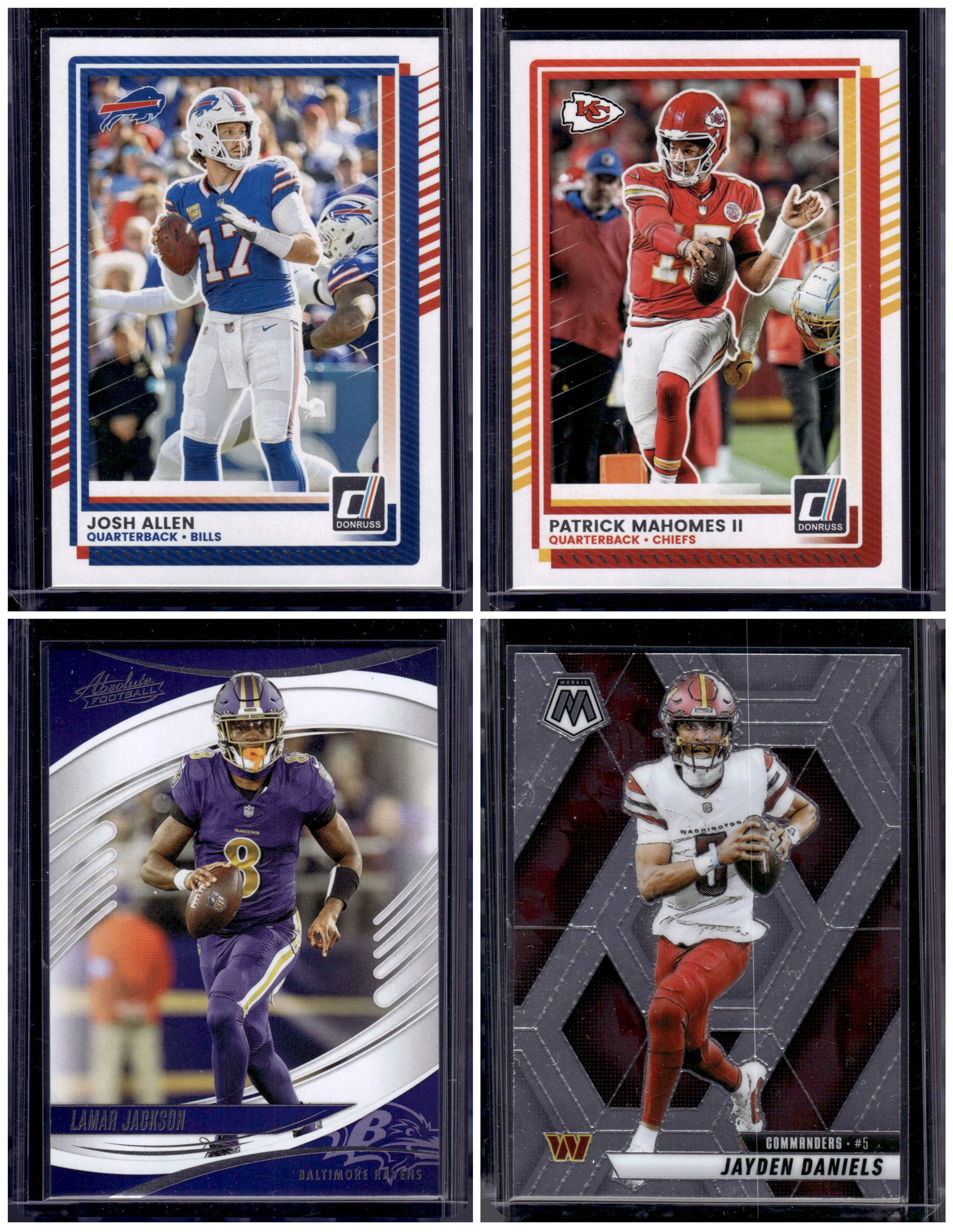 Lot of 4 2025 NFL QB Base Cards. Josh Allen, Mahomes, Jackson, Daniels: Panini Select, Prizm, Mosaic, Contenders, Zenith, Phoenix, Illusions, Absolute, Rookie NFL Sports Trading Cards, SP, SSP, Cards, Football Cards for Sale Near Me, Superbowl & Hall of Fame Player Cards,