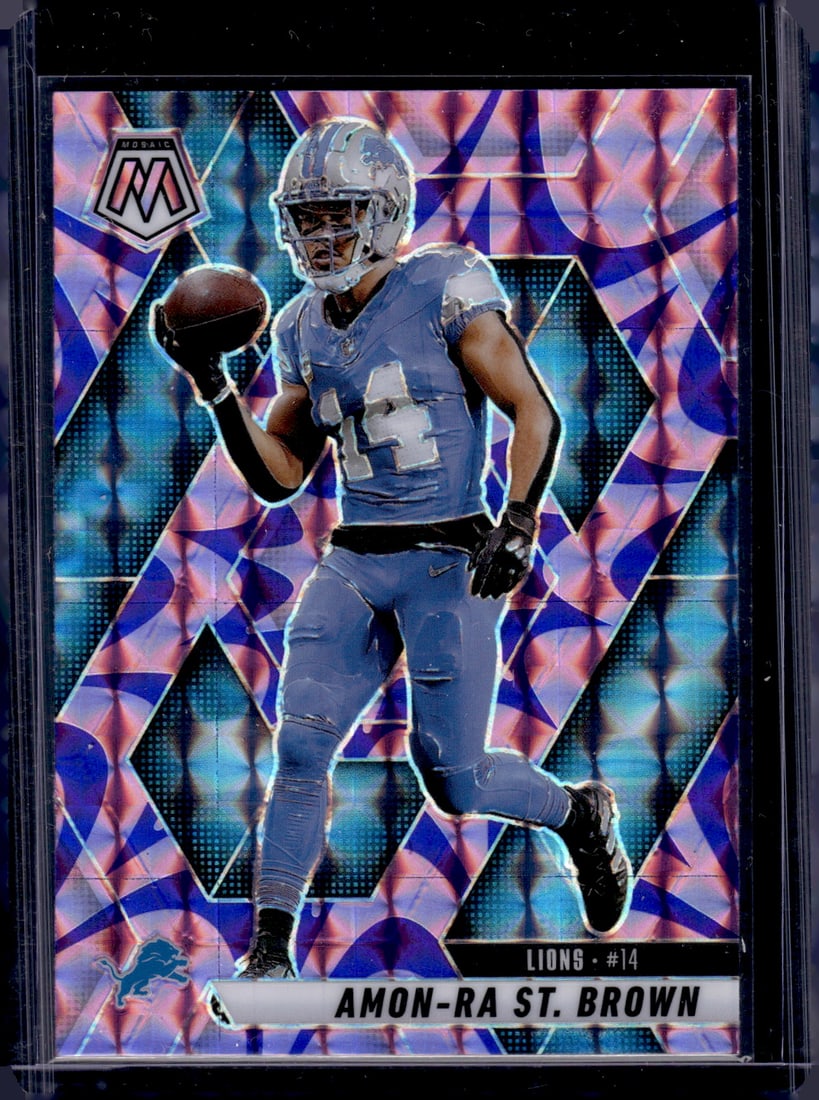 Amon-Ra St. Brown Purple Reactive Prizm 2025 Mosaic #2 Detroit Lions: Panini Select, Prizm, Mosaic, Contenders, Zenith, Phoenix, Illusions, Absolute, Rookie NFL Sports Trading Cards, SP, SSP, Cards, Football Cards for Sale Near Me, Superbowl & Hall of Fame Player Cards,
