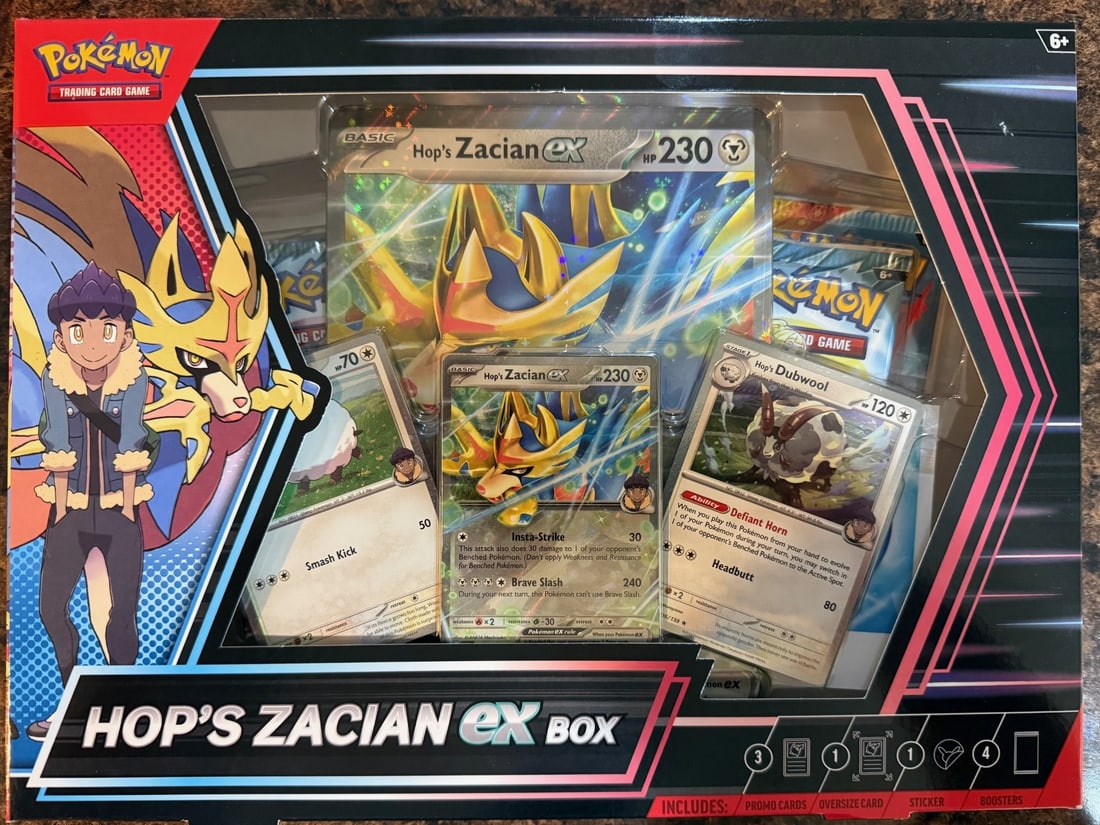 Pokemon Hop's Zacian ex Box - 4 Booster Packs, 1 Foil Promo Hop, 2 Foil Wooloo & Dubwool, 1 Oversize: Pokemon Trading Card Game Cards, Charizard, Pikachu, Mewto, EX, Referse Holo, Holo Rare Cards, Secret Rare Cards, Full Art Cards, Evee, 3 Stars Ultra Rare Cards, Double Rare, Illustration Rare, Specia