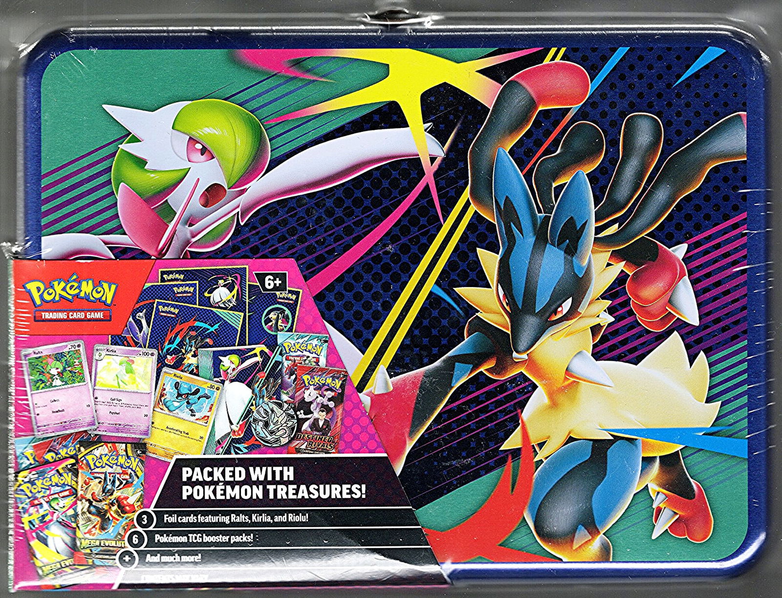 2025 Pokemon Collector's Treasure Chest/Tin: 6 Booster Packs, Mega Lucario Coin, 3 Foil Cards (1 of 3)