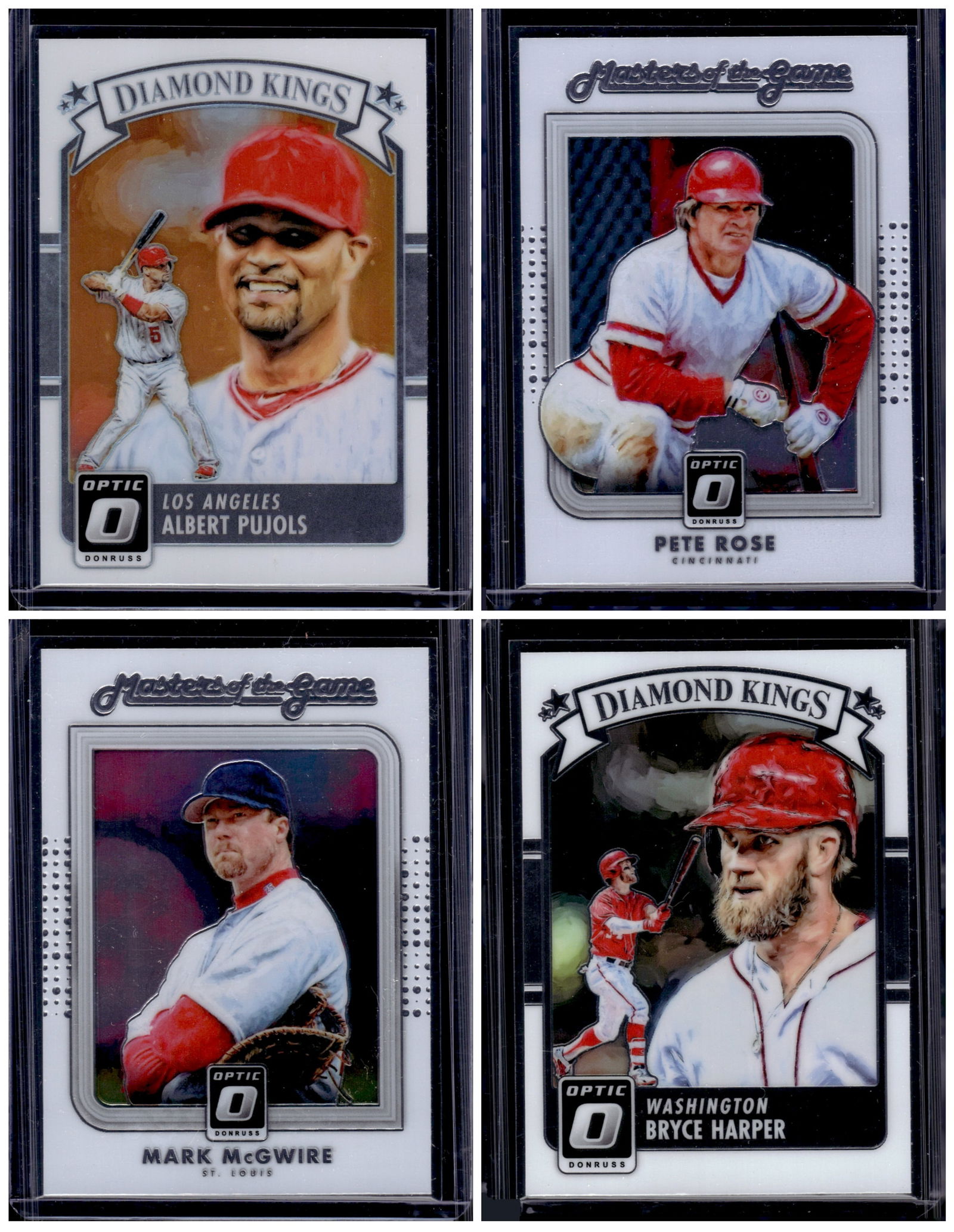 Lot of 4 2016 Donruss Optic Baseball Inserts. Pujols Prizm, Rose, McGwire, Harper (1 of 2)