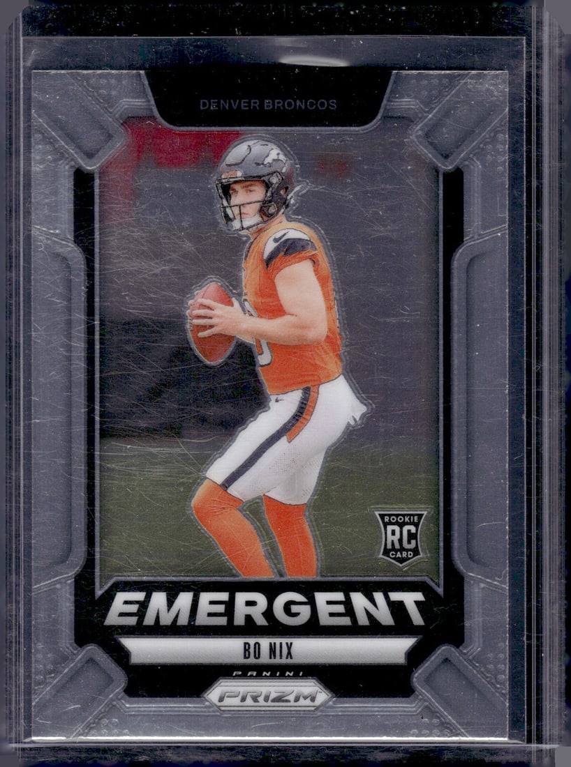 Bo Nix Rookie Card Emergent 2024 Panini Prizm #3 Visible Scratches on Top Loader not Card: Panini Select, Prizm, Mosaic, Contenders, Zenith, Phoenix, Illusions, Absolute, Rookie NFL Sports Trading Cards, SP, SSP, Cards, Football Cards for Sale Near Me, Superbowl & Hall of Fame Player Cards,