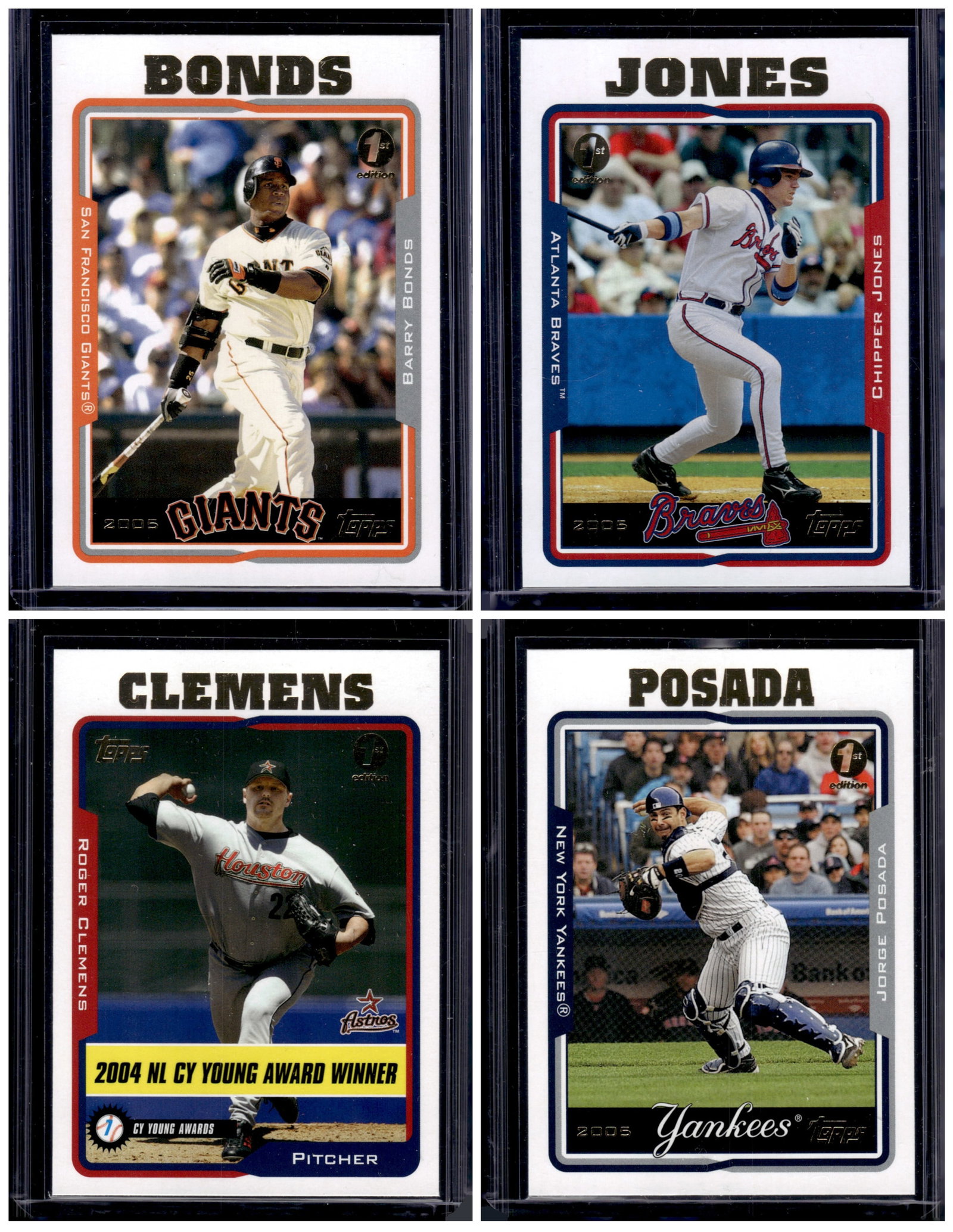 Lot of 4 2005 Topps Baseball 1st Edition Cards. Bonds, Jones, Clemens, Posada: Topps Baseball MLB Trading & Sports Cards, Sports Cards for Sale Near Me, World Series & Hall of Fame Players Memorabilia, Refractors, X-Fractors, Numbered, SP, SSP, Valuable Auction Memorabilia Lots 