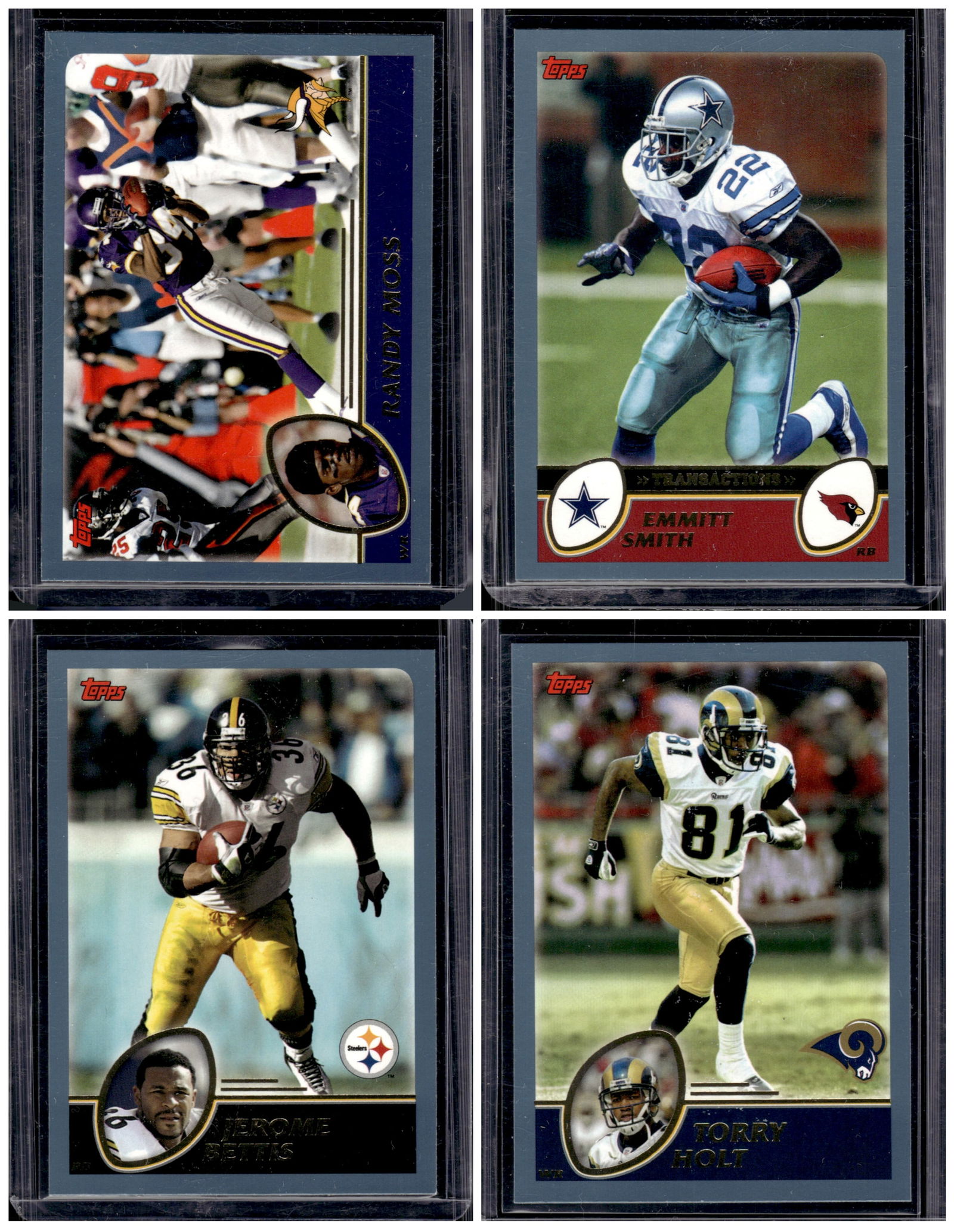 Lot of 4 2003 Topps Football Cards. Randy Moss, Emmitt Smith, Jerome Bettis, Torry Holt (1 of 2)