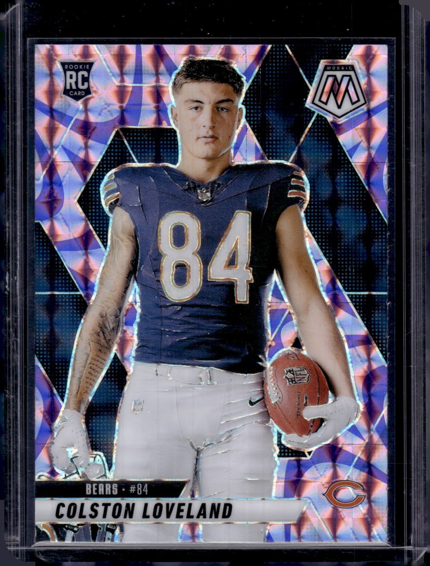 Colston Loveland Rookie Card Purple Reactive Prizm 2025 Mosaic #275 Chicago Bears: Panini Select, Prizm, Mosaic, Contenders, Zenith, Phoenix, Illusions, Absolute, Rookie NFL Sports Trading Cards, SP, SSP, Cards, Football Cards for Sale Near Me, Superbowl & Hall of Fame Player Cards,