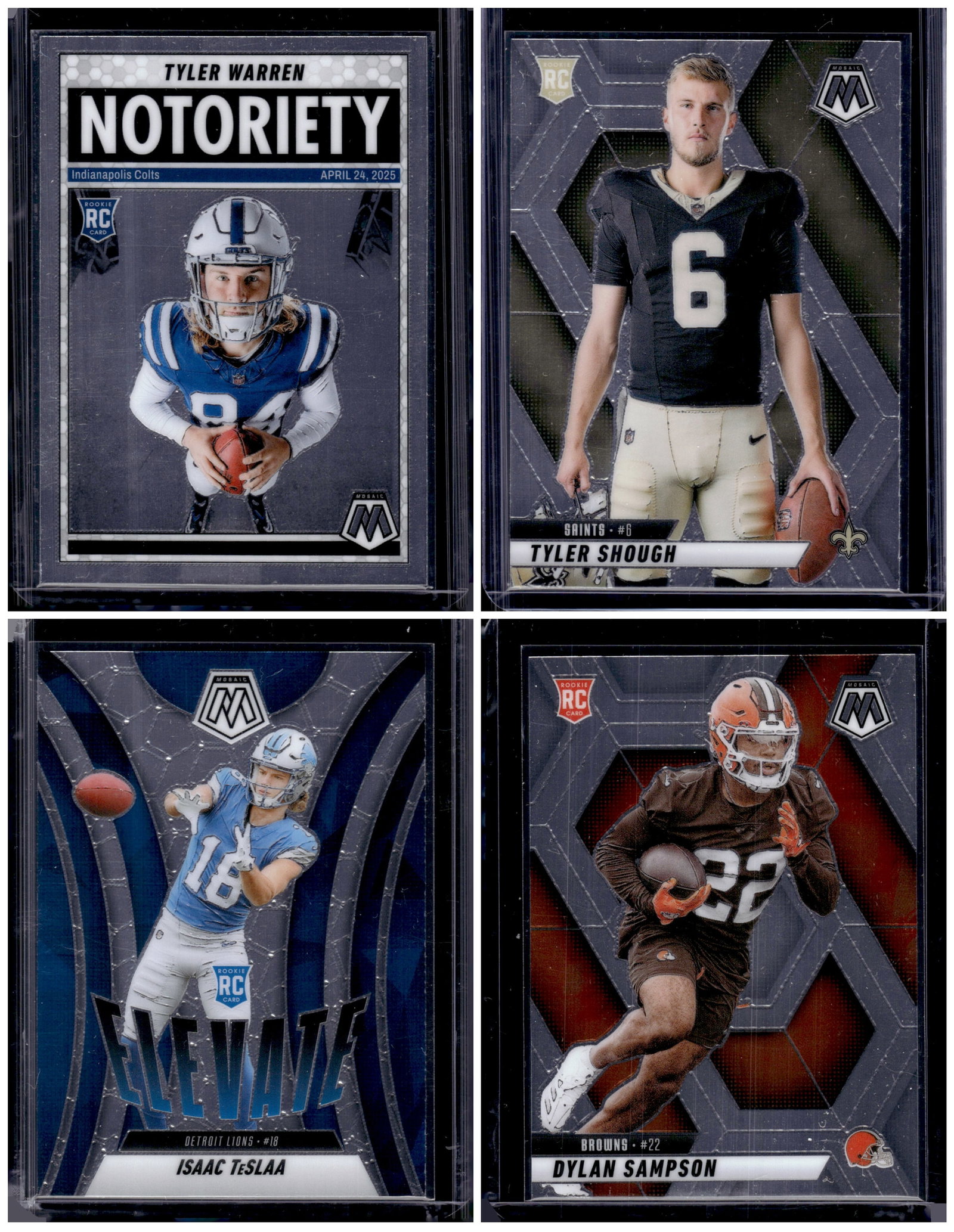 Lot of 4 2025 Mosaic NFL Rookie Cards. Warren, Shough, TeSlaa, Sampson: Panini Select, Prizm, Mosaic, Contenders, Zenith, Phoenix, Illusions, Absolute, Rookie NFL Sports Trading Cards, SP, SSP, Cards, Football Cards for Sale Near Me, Superbowl & Hall of Fame Player Cards,