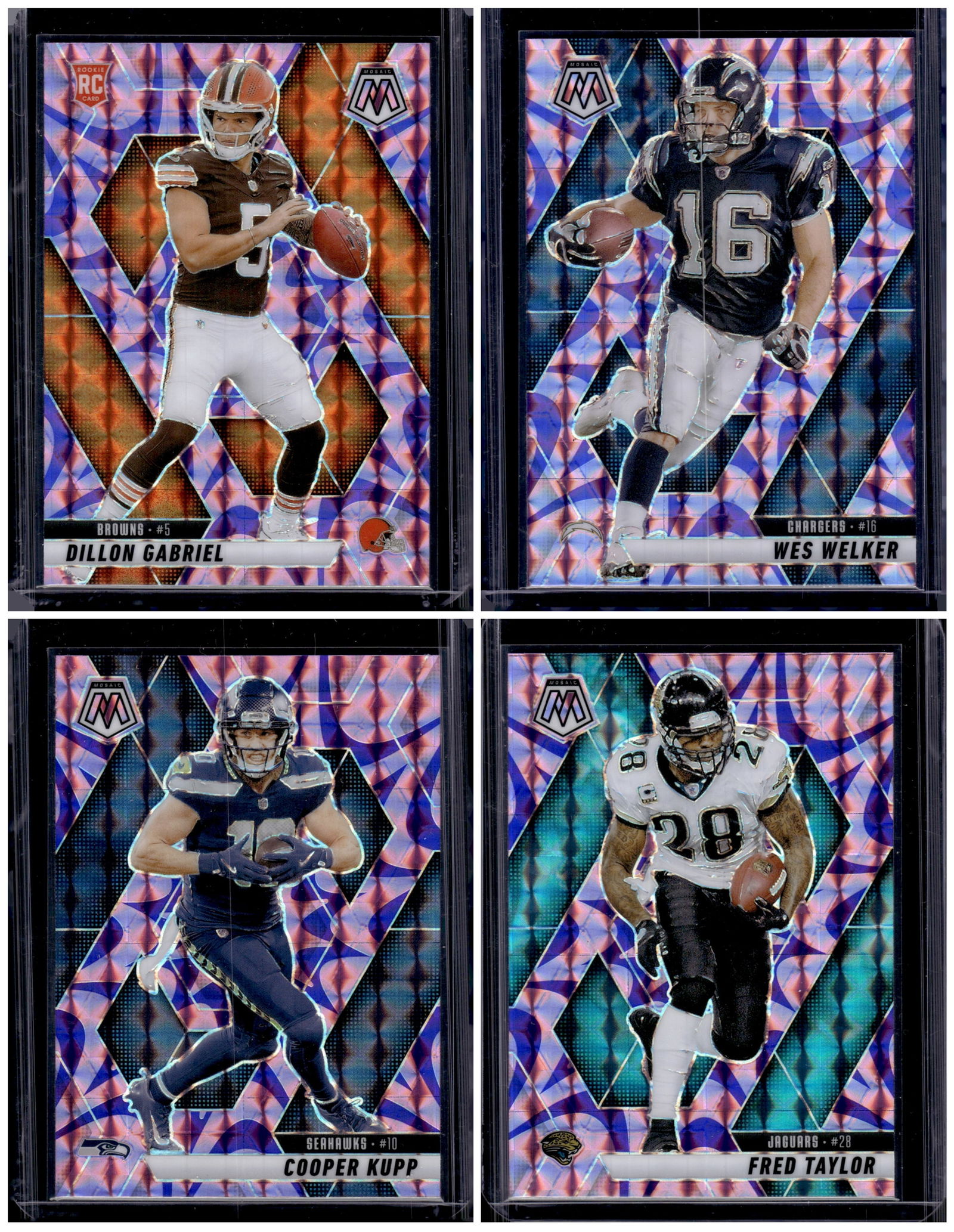 Lot of 4 2025 Mosaic NFL Reactive Purples. Gabriel RC, Welker, Kupp, Fred Taylor: Panini Select, Prizm, Mosaic, Contenders, Zenith, Phoenix, Illusions, Absolute, Rookie NFL Sports Trading Cards, SP, SSP, Cards, Football Cards for Sale Near Me, Superbowl & Hall of Fame Player Cards,