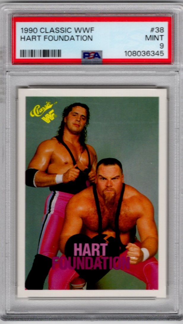 Hart Foundation 1990 Classic WWF #38 PSA 9: Classic Vintage Wrestling WWF Trading & Sports Cards, Old Sports Cards for Sale Near Me, Auction Memorabilia Lots for Sale On Line, Wrestlemania Champion Wrestlers
