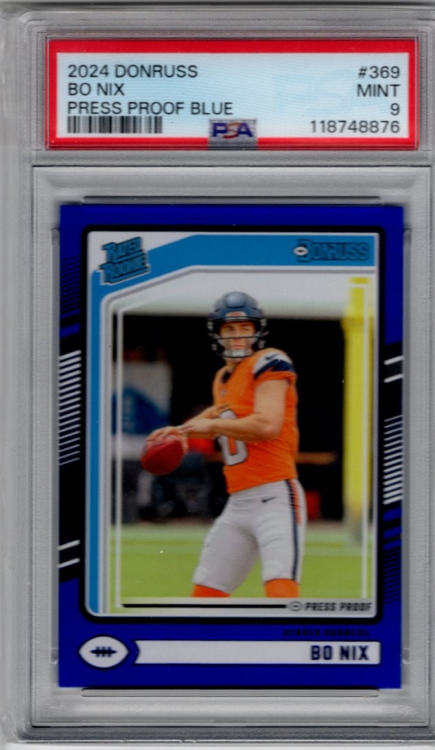Bo Nix Rookie Card Blue Press Proof 2024 Donruss #369 PSA 9 Denver Broncos (1 of 2)